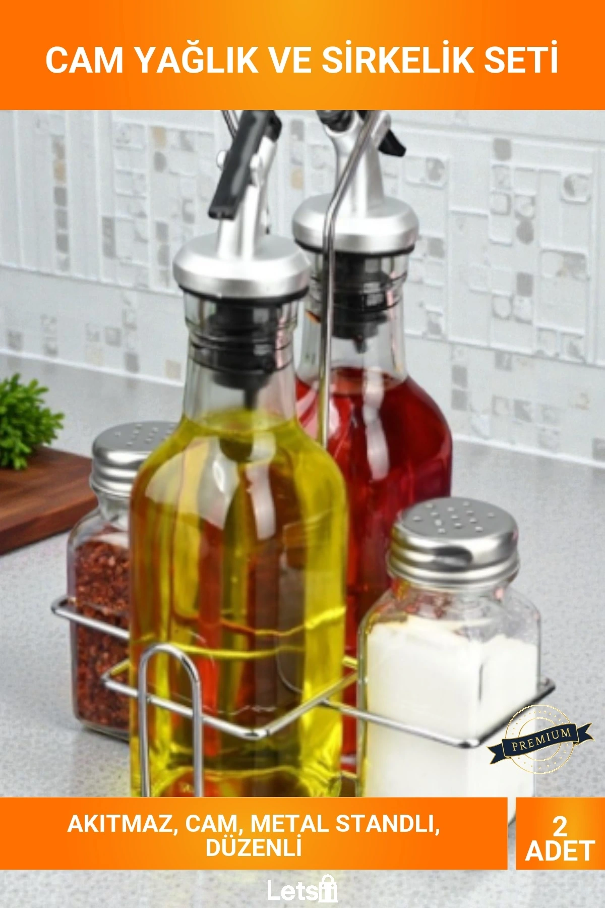 Şık Akıtmaz Ağızlı Metal Standlı 2li Cam Yağlık ve Sirke Şişesi