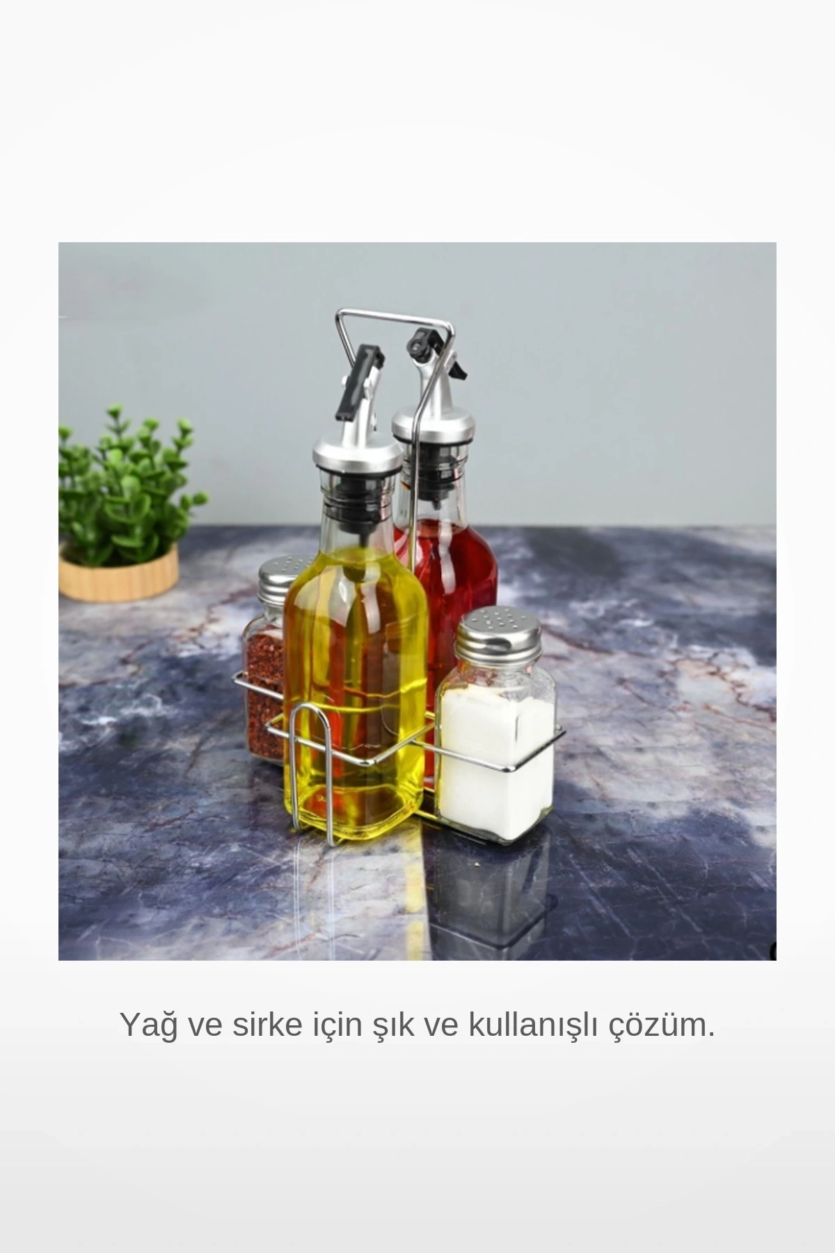 Şık Akıtmaz Ağızlı Metal Standlı 2li Cam Yağlık ve Sirke Şişesi