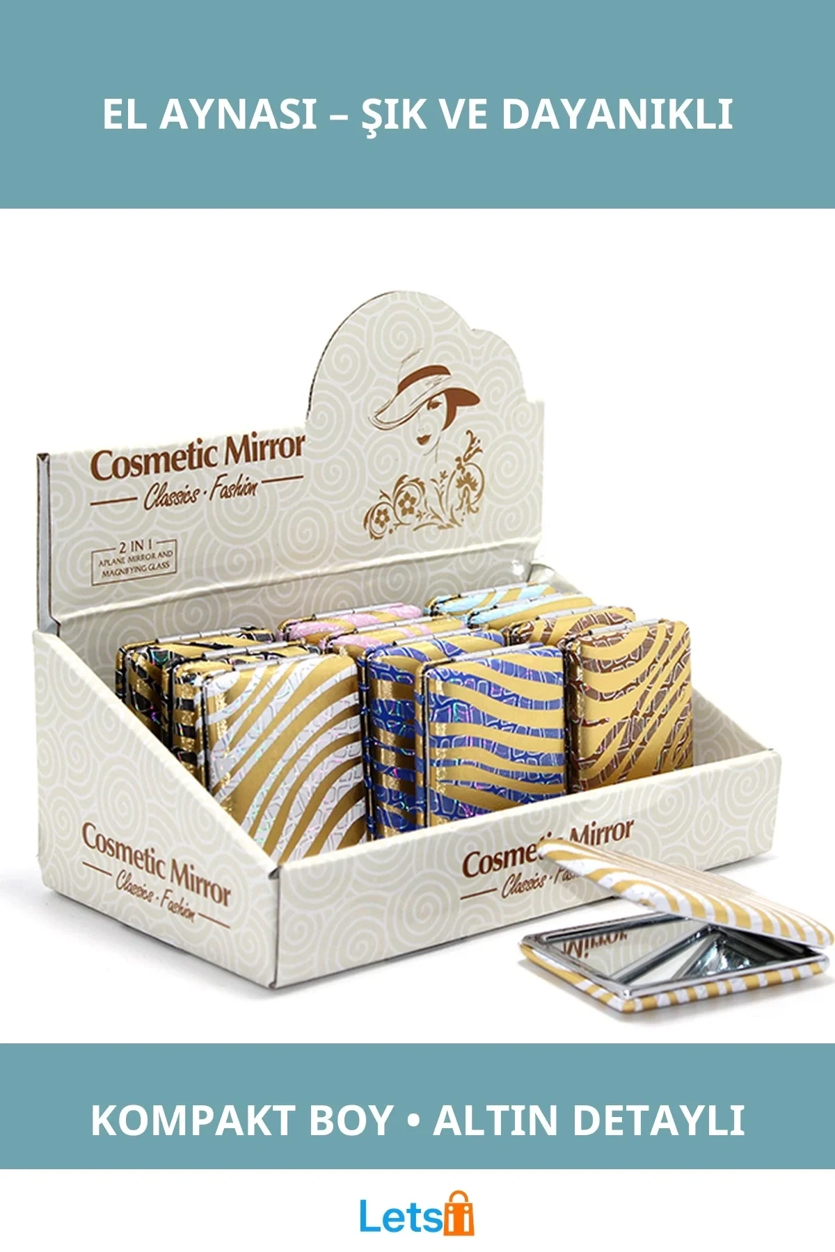 Şık Altın Detaylı Dikdörtgen Kalın El Aynası