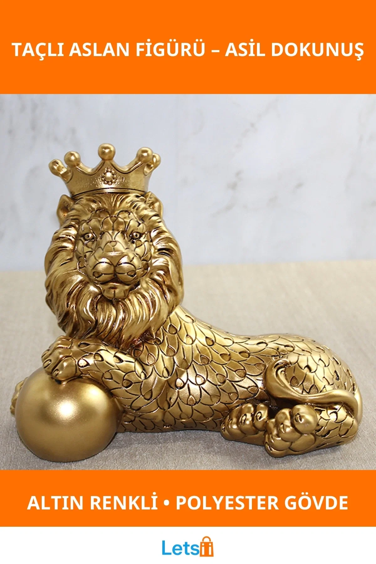 Şık Altın Renkli Polyester Dekoratif Taçlı Aslan Figürü 17x22 cm