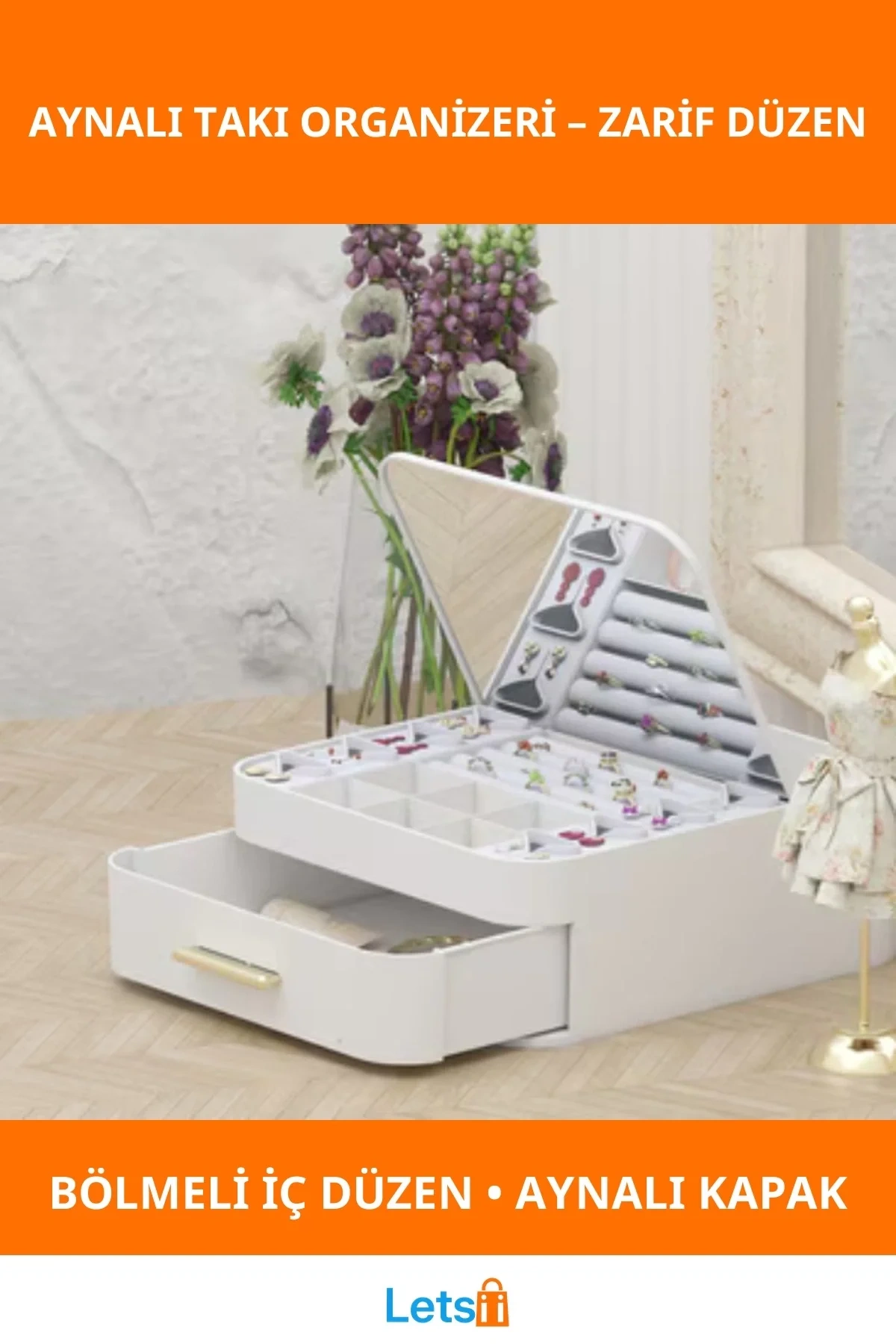 Şık Aynalı Takı Organizeri Modern Depolama Çekmeceli Tasarım
