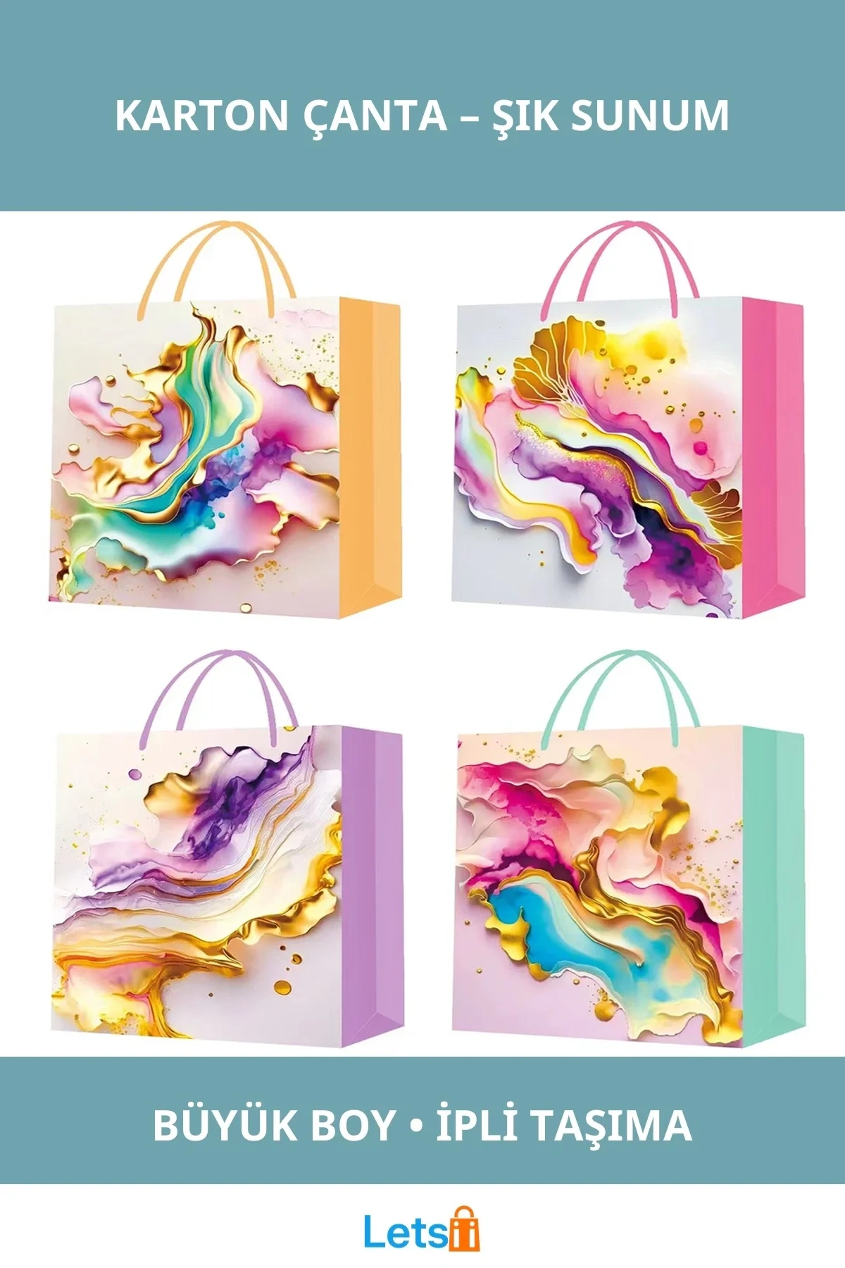 Şık Büyük Boy İpli Karton Çanta Renkli Pastel Motiflerle Hediye Sunumu İçin