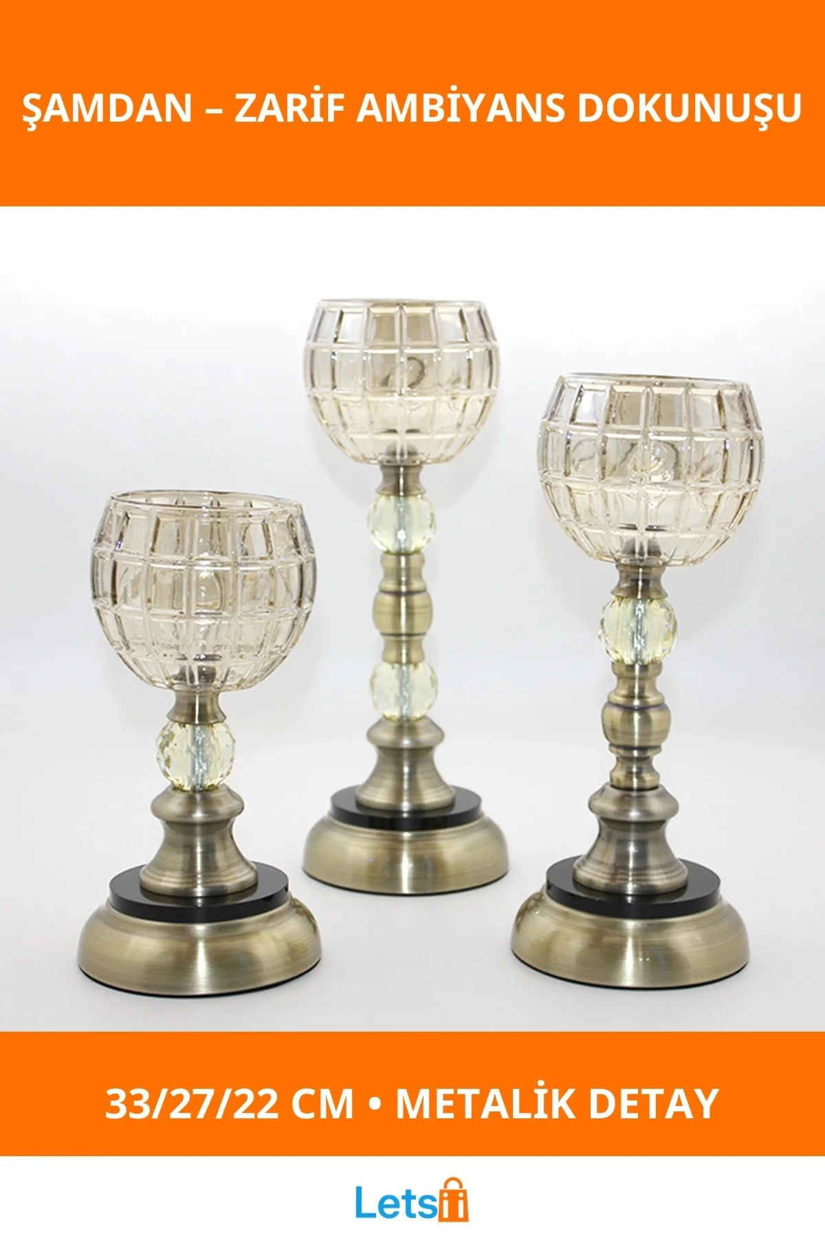 Şık Cam 3lü Şamdan Seti | 33 cm, 27 cm, 22 cm Yükseklik
