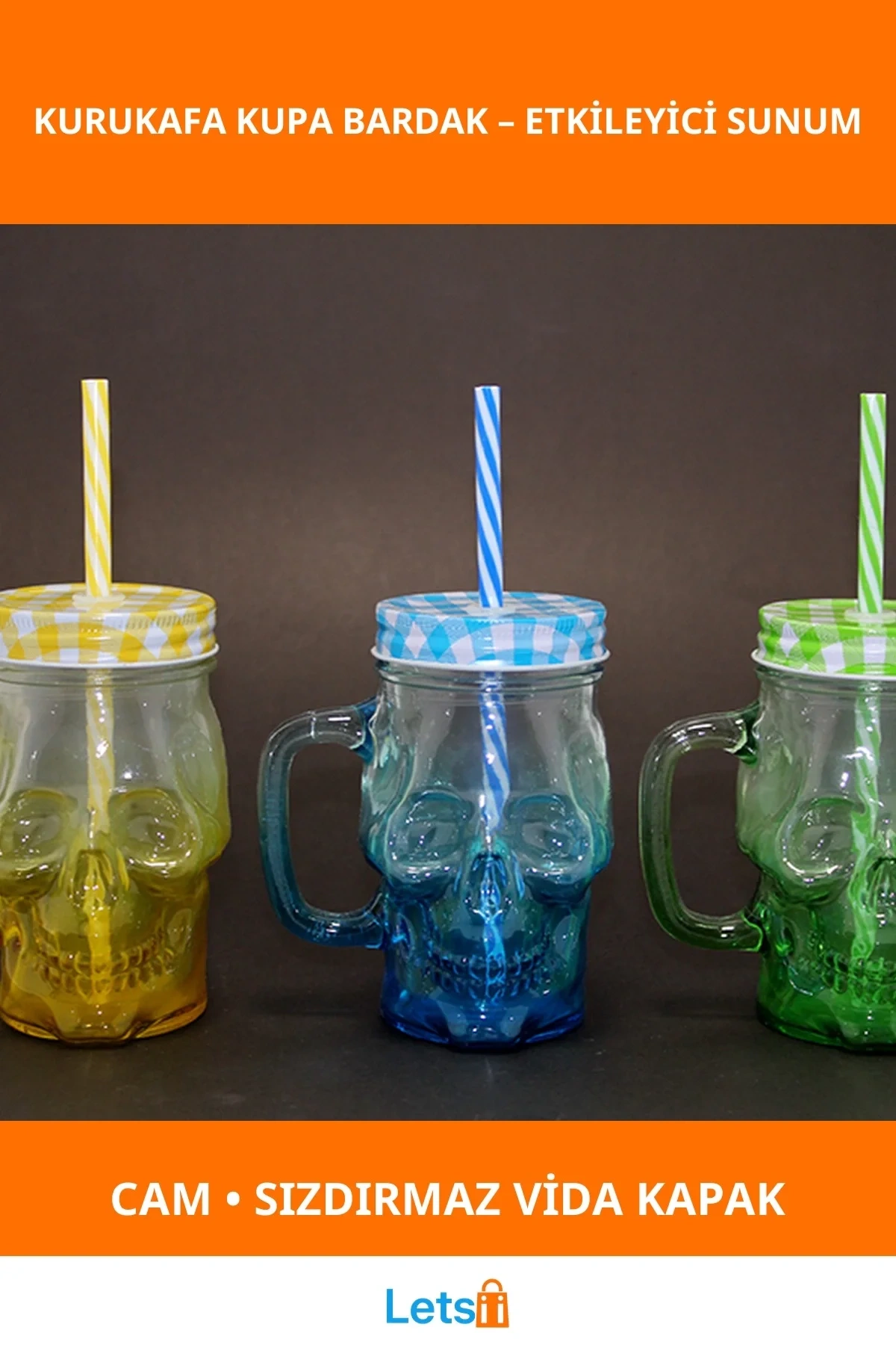 Şık Cam Kurukafa Kupa Bardak Pipetli Sızdırmaz