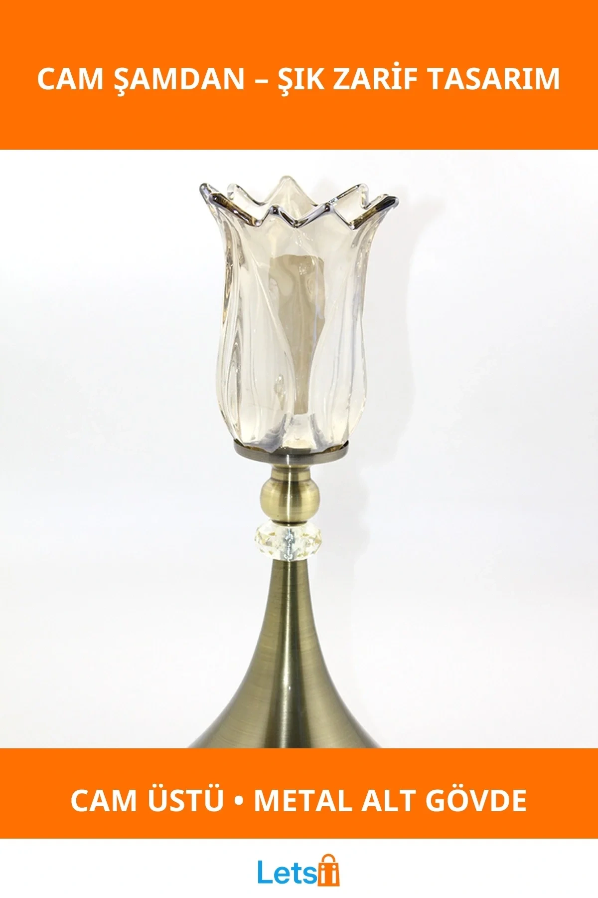 Şık Cam Şamdan Tekli Metal Altlık İle Modern Dekorasyon