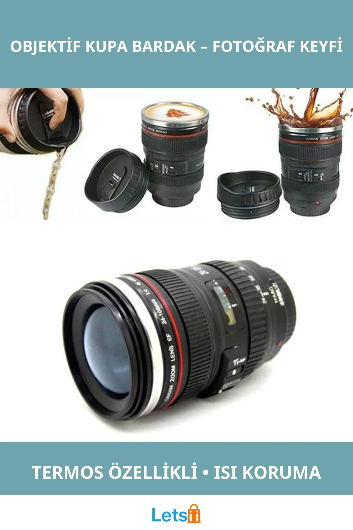 Şık Çelik Objektif Termos Kupa Bardak
