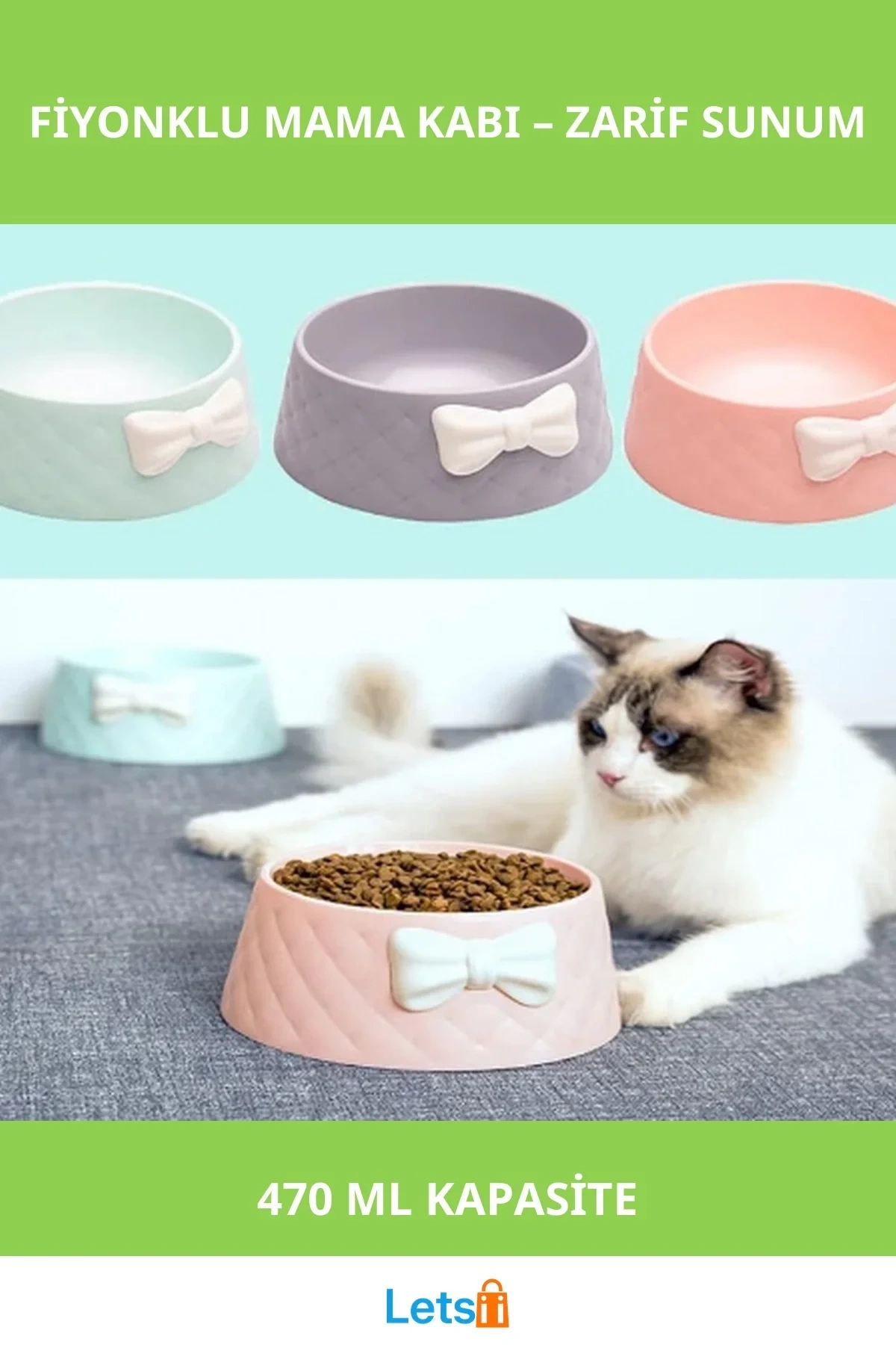 Şık Desenli Fiyonklu 470 ml Mama Kabı Kedi ve Küçük Köpekler için