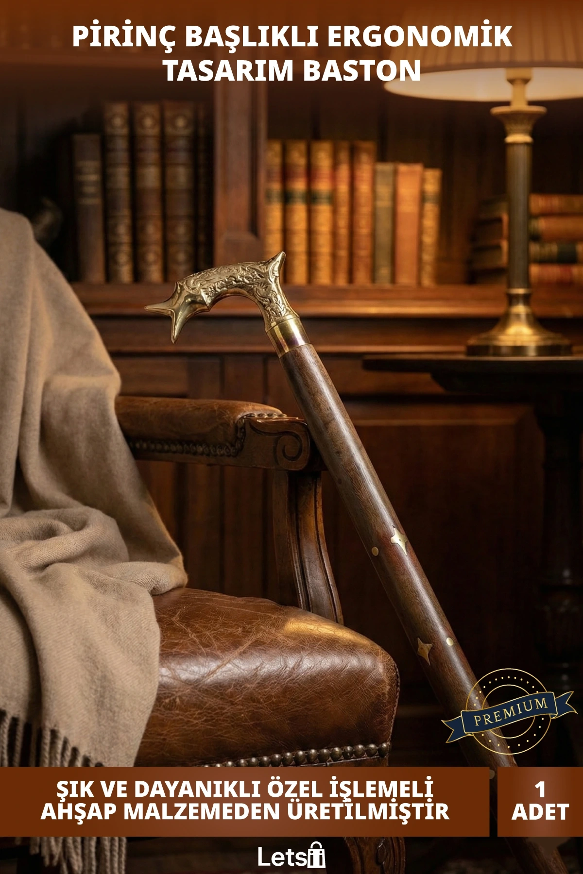 Şık ve Ergonomik Tasarımlı Ahşap Pirinç Baston Özel İşleme Detaylı