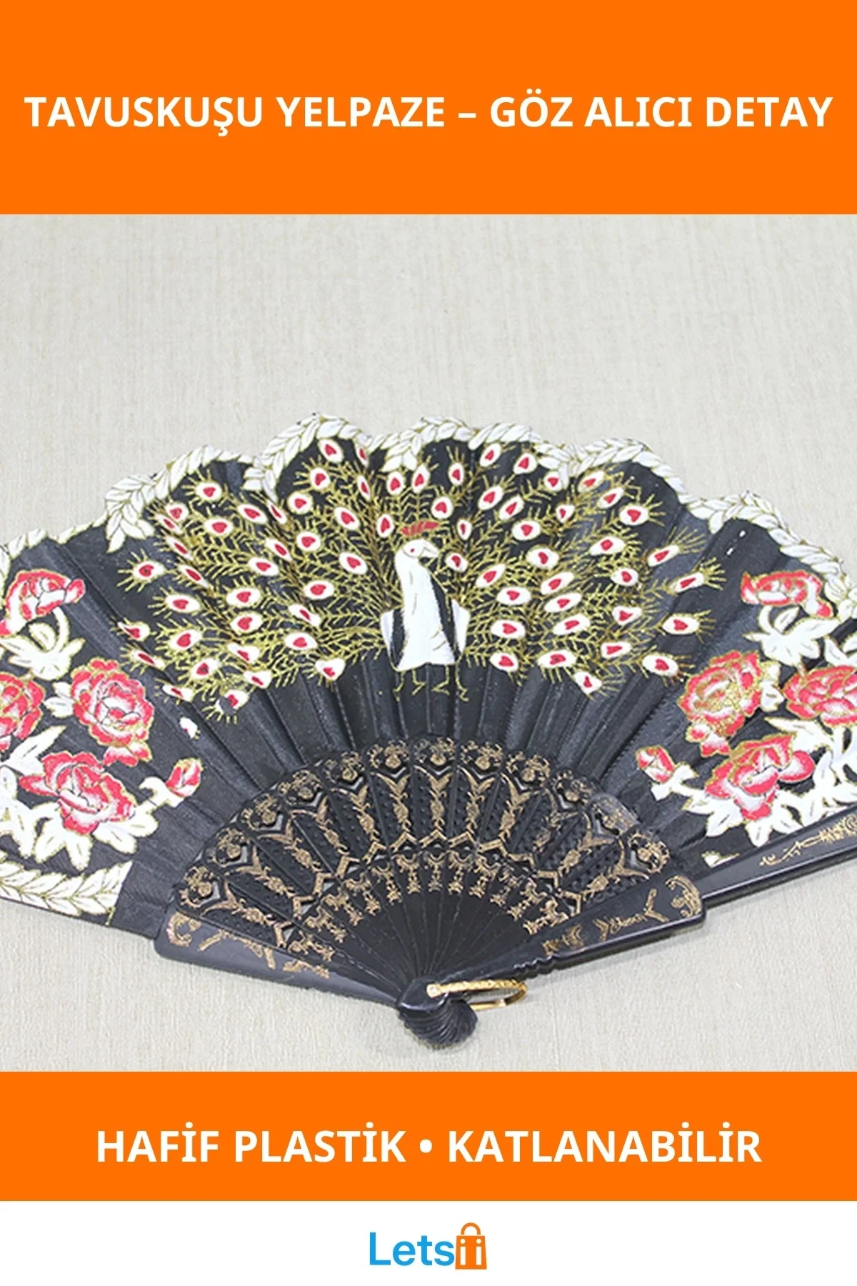 Şık Estetik Plastik Tavuskuşu Desenli Katlanabilir Yelpaze