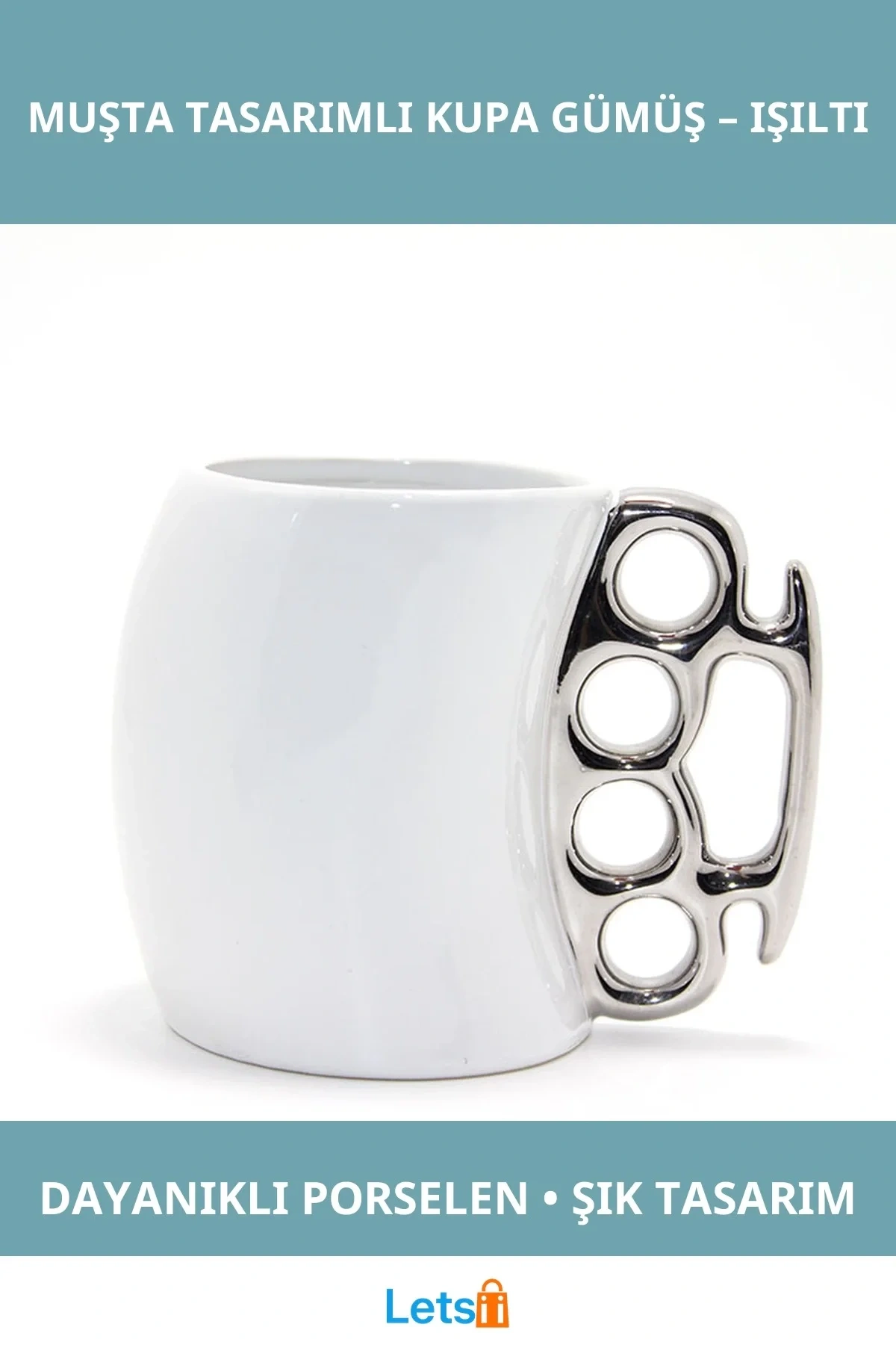 Şık Gümüş Renkli Porselen Muşta Tasarımlı Kupa Bardak