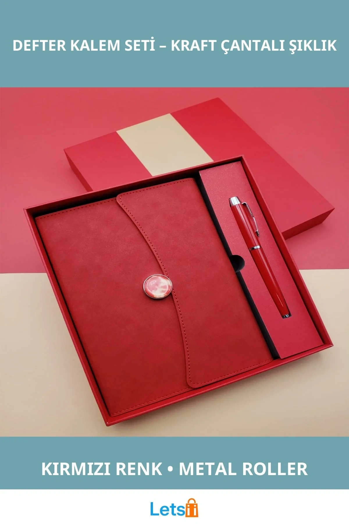 Şık Kırmızı Deri Defter Metal Roller Kalem Hediye Seti