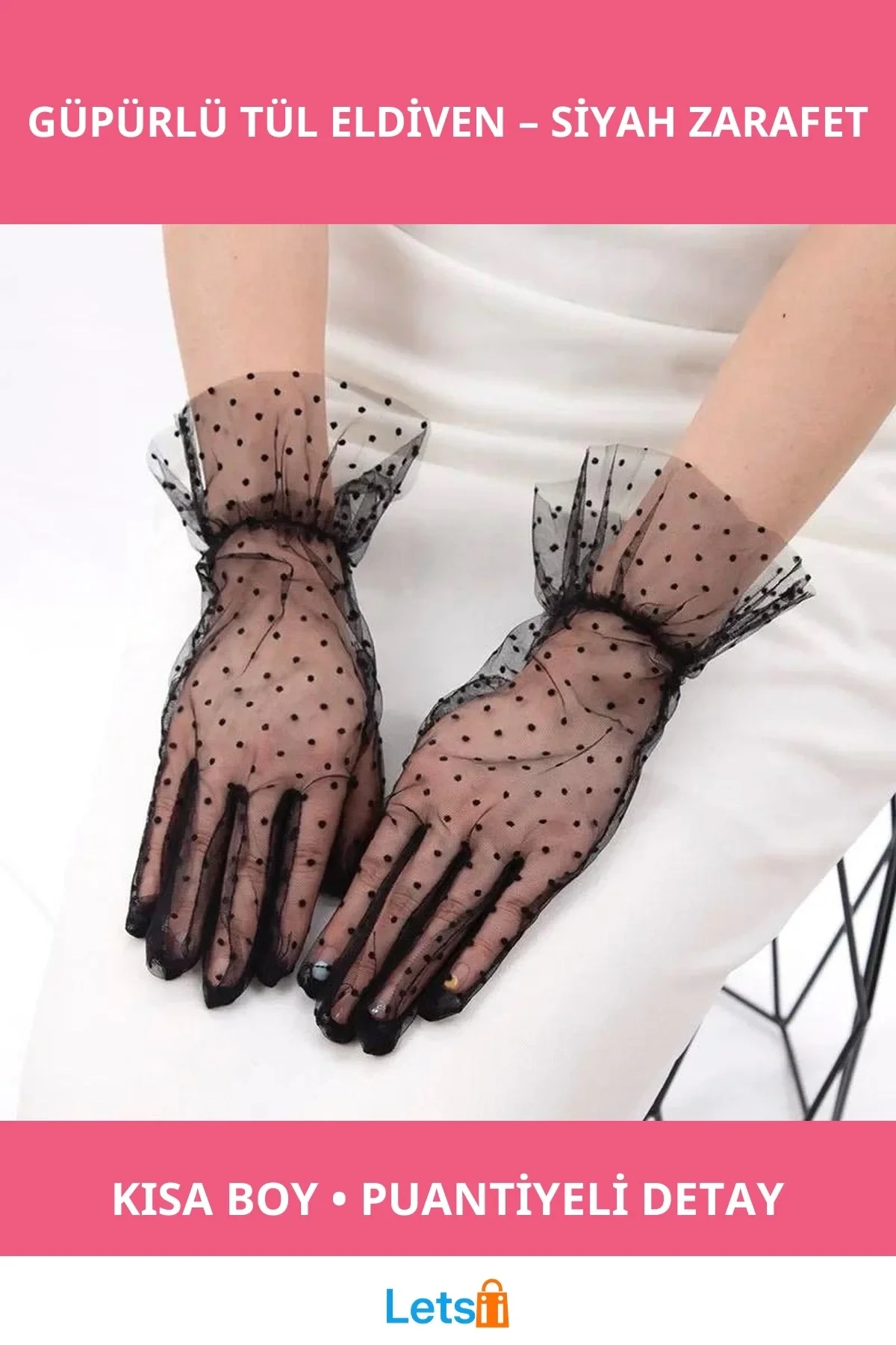 Şık Kısa Güpürlü Siyah Puantiyeli Tül Eldiven
