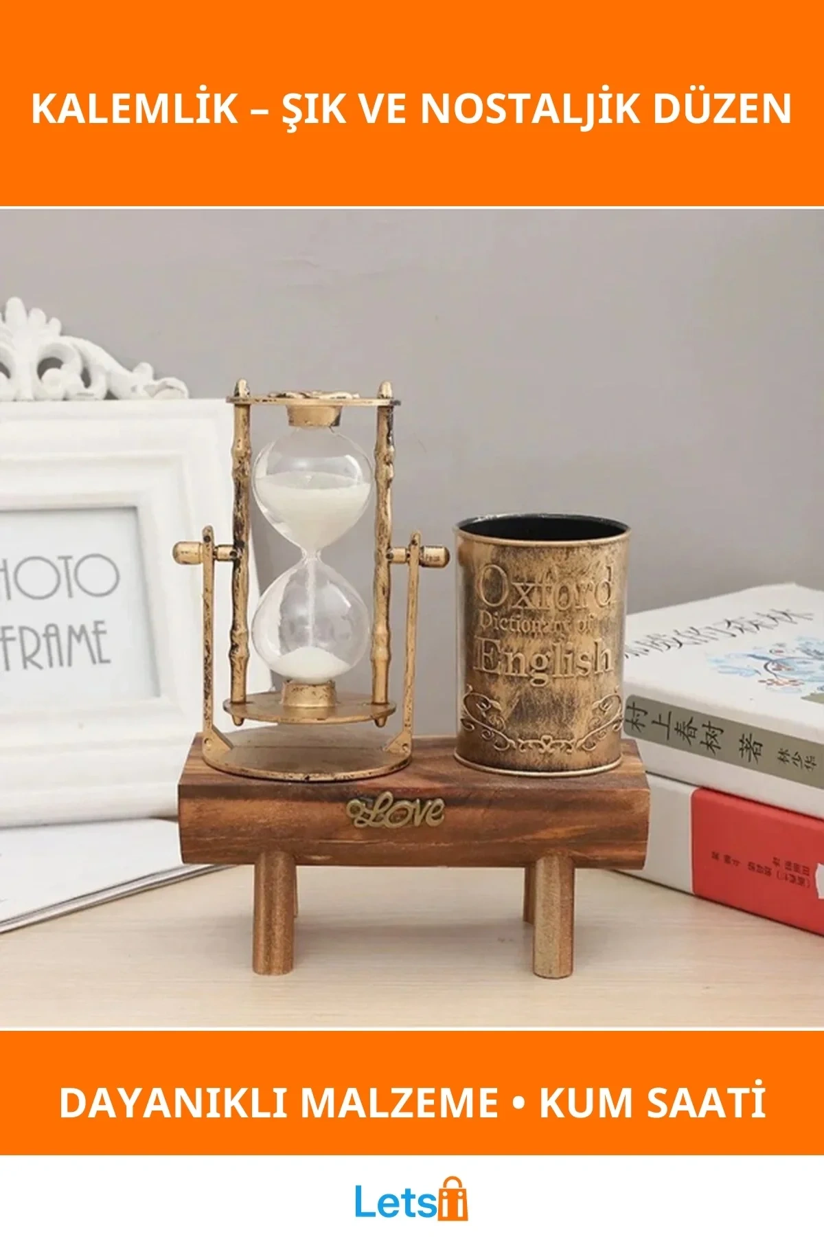 Şık Kum Saatli Kalemlik Ofis ve Ev İçin Dekoratif Masa Aksesuarı