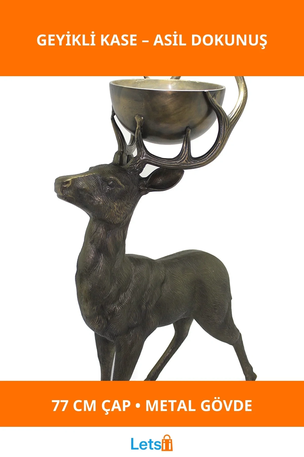 Şık Metal Geyikli Kase 77 Cm Dekoratif Obje