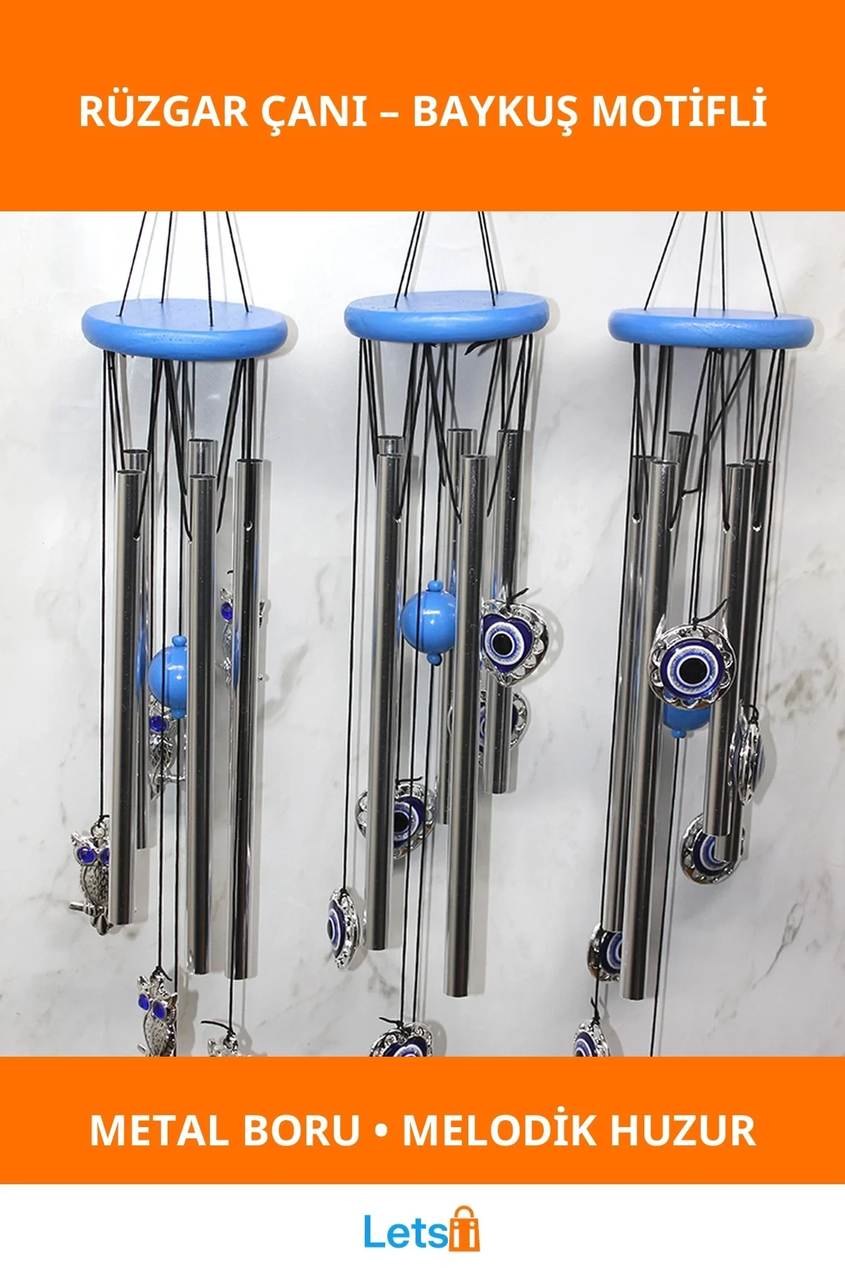 Şık Metal Rüzgar Çanı Nazarlık ve Baykuş Figürlü Huzur Verici Dekoratif Aksesuar