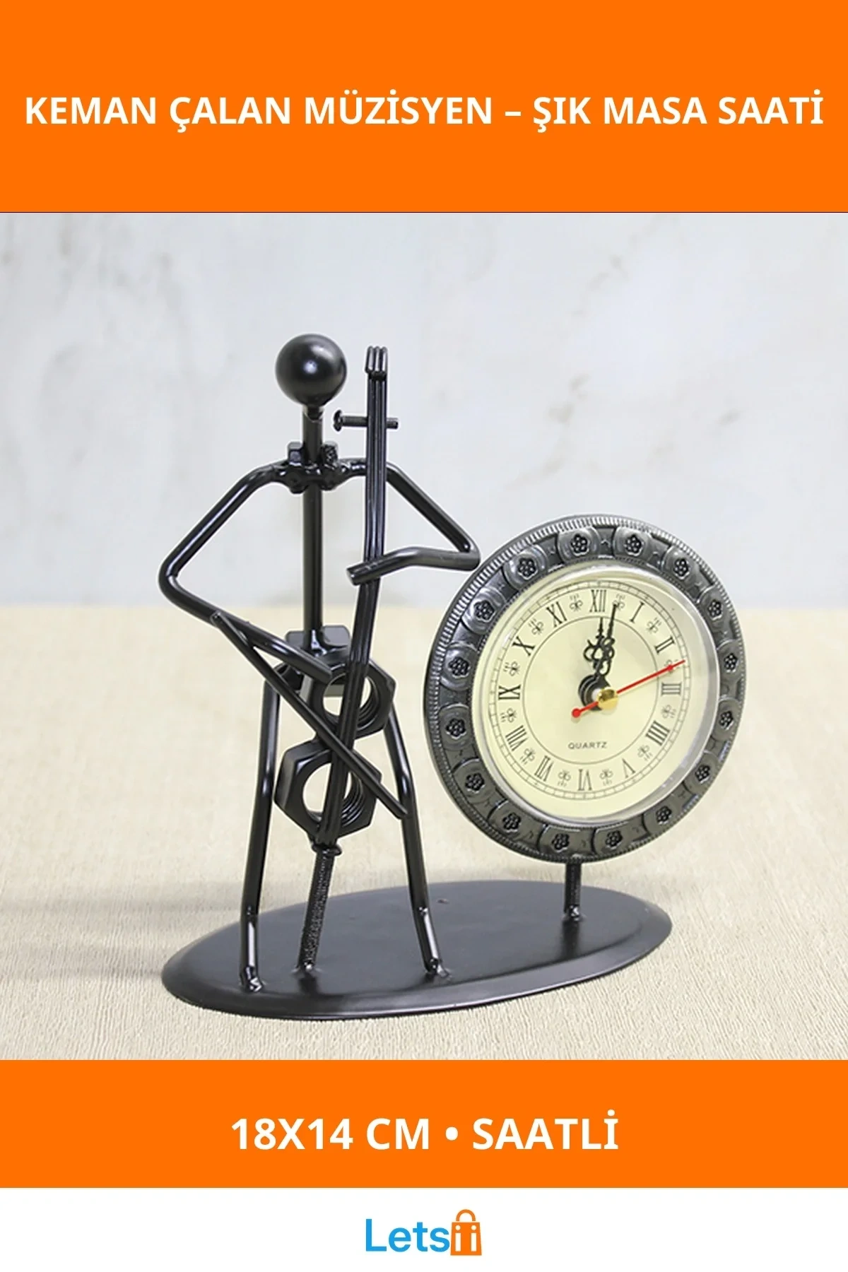 Şık Metal Saatli Keman Çalan Müzisyen Ofis Dekor Aksesuarı 18x14 cm