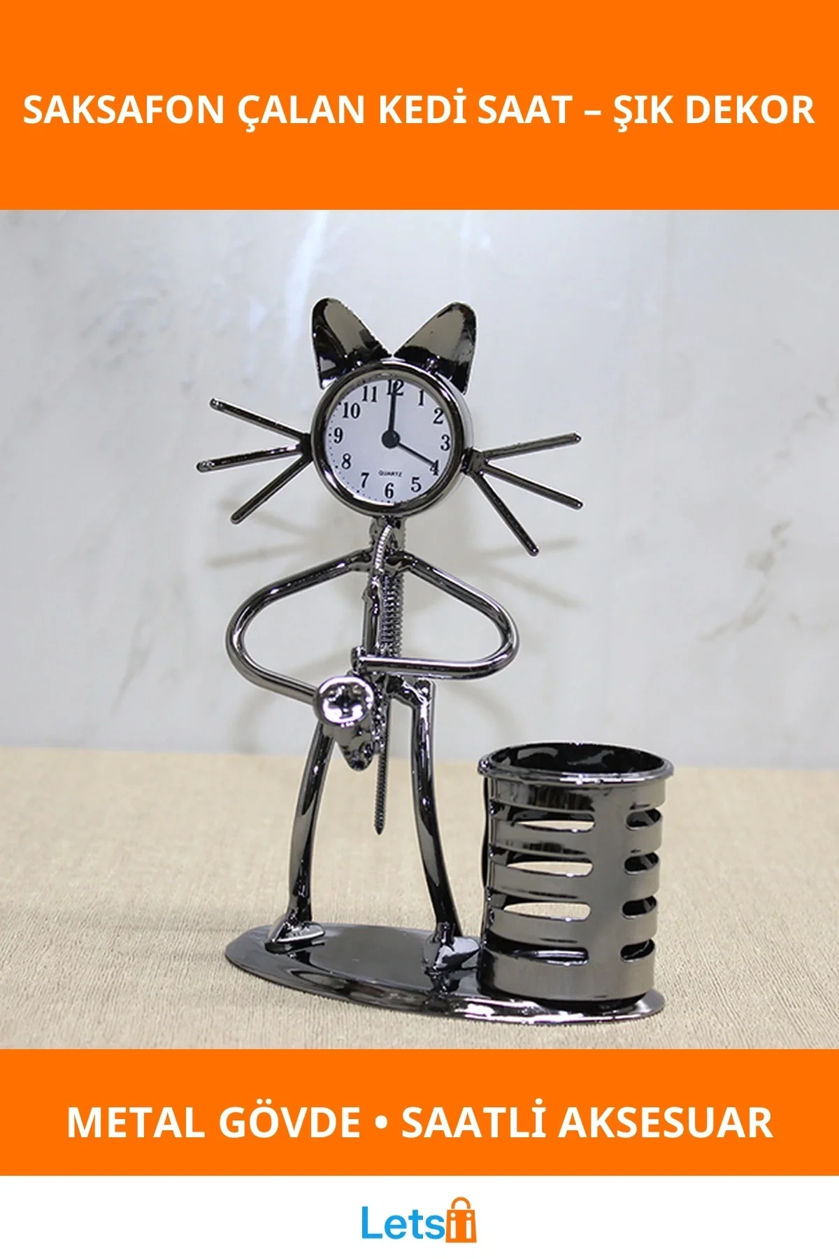 Şık Metal Saksafon Çalan Müzisyen Kedi Saat Ve Kalemlik