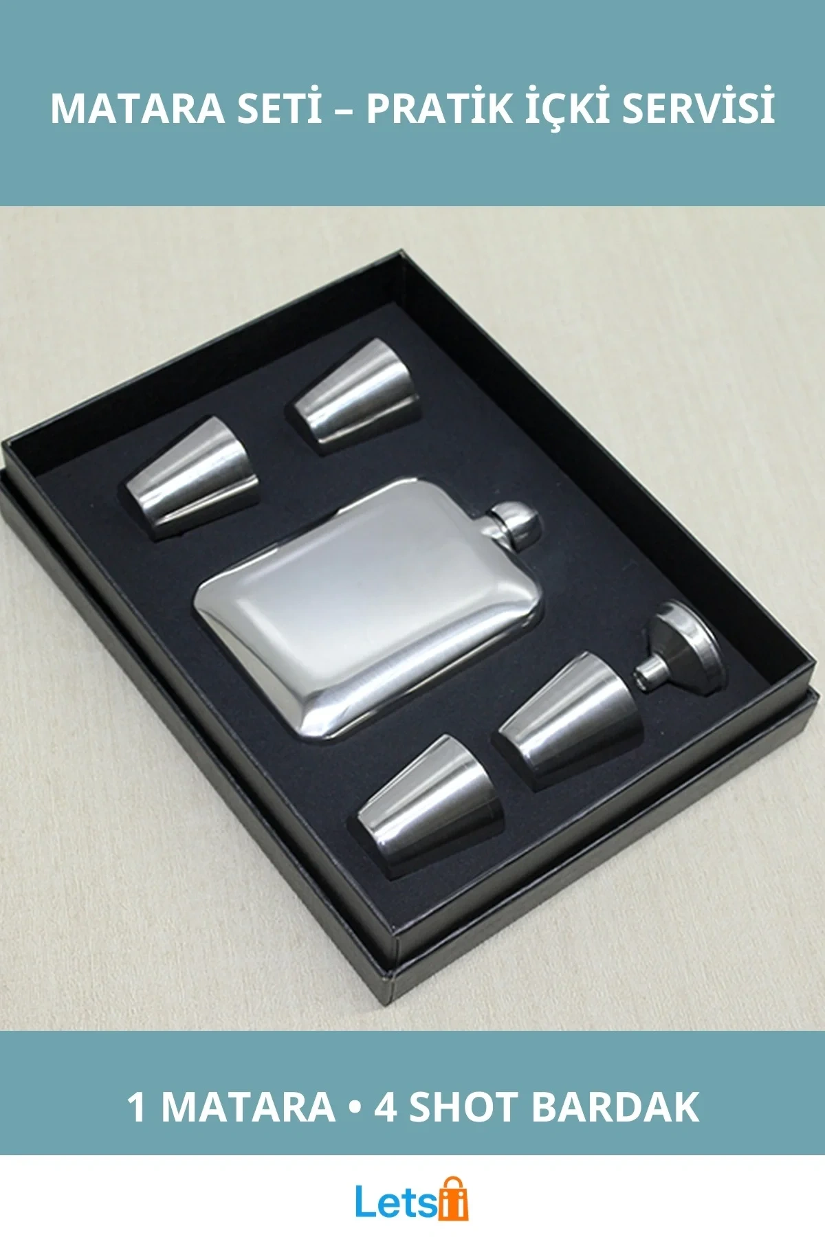 Şık Paslanmaz Çelik 4 Shot Bardaklı Matara Takımı