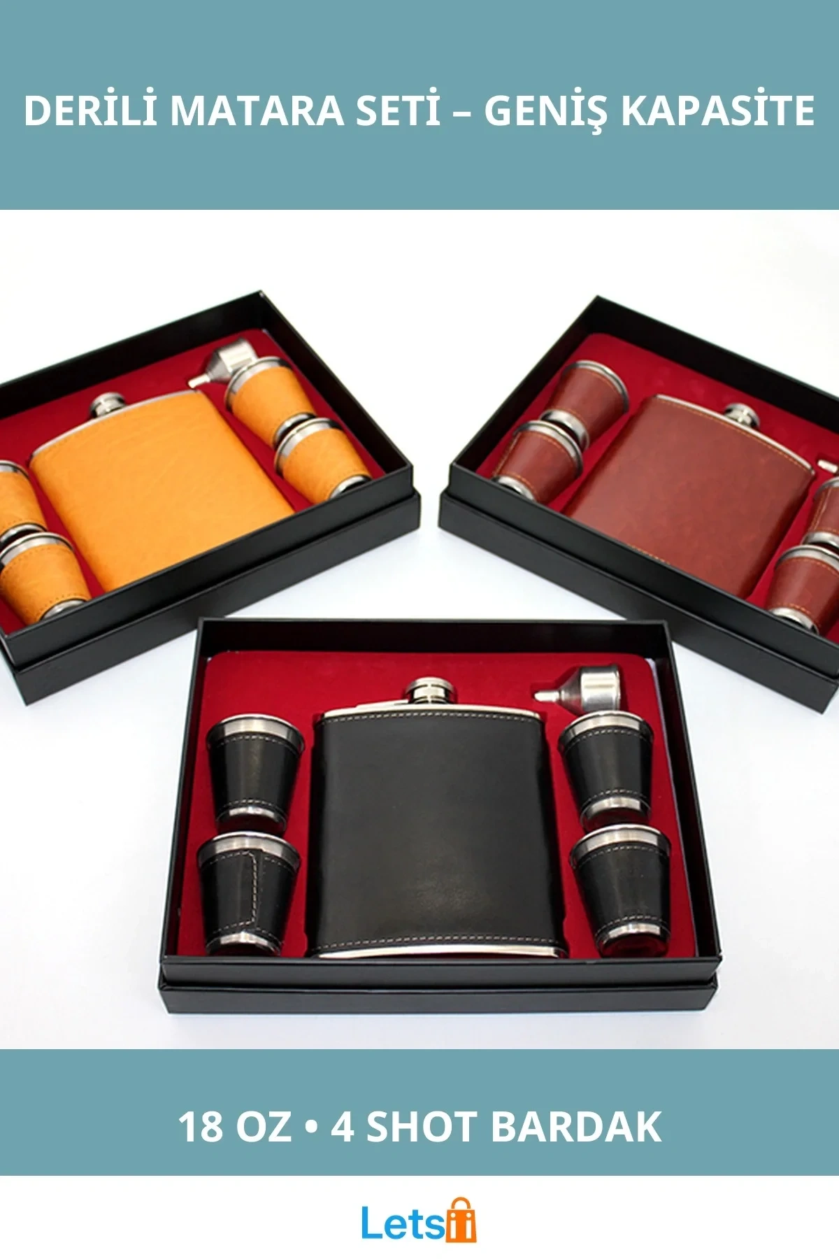 Şık Paslanmaz Çelik Derili 4 Shot Bardaklı Matara 18 oz