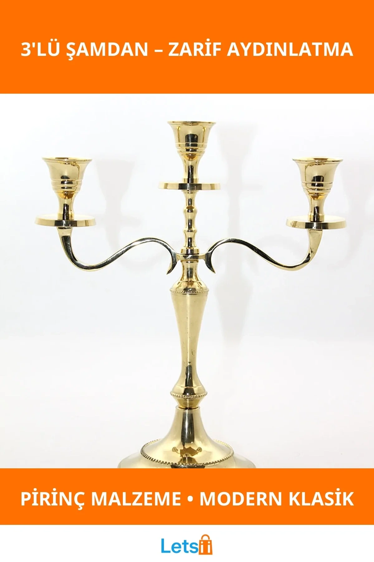 Şık Pirinç 3lü Şamdan zarif dekoratif aydınlatma