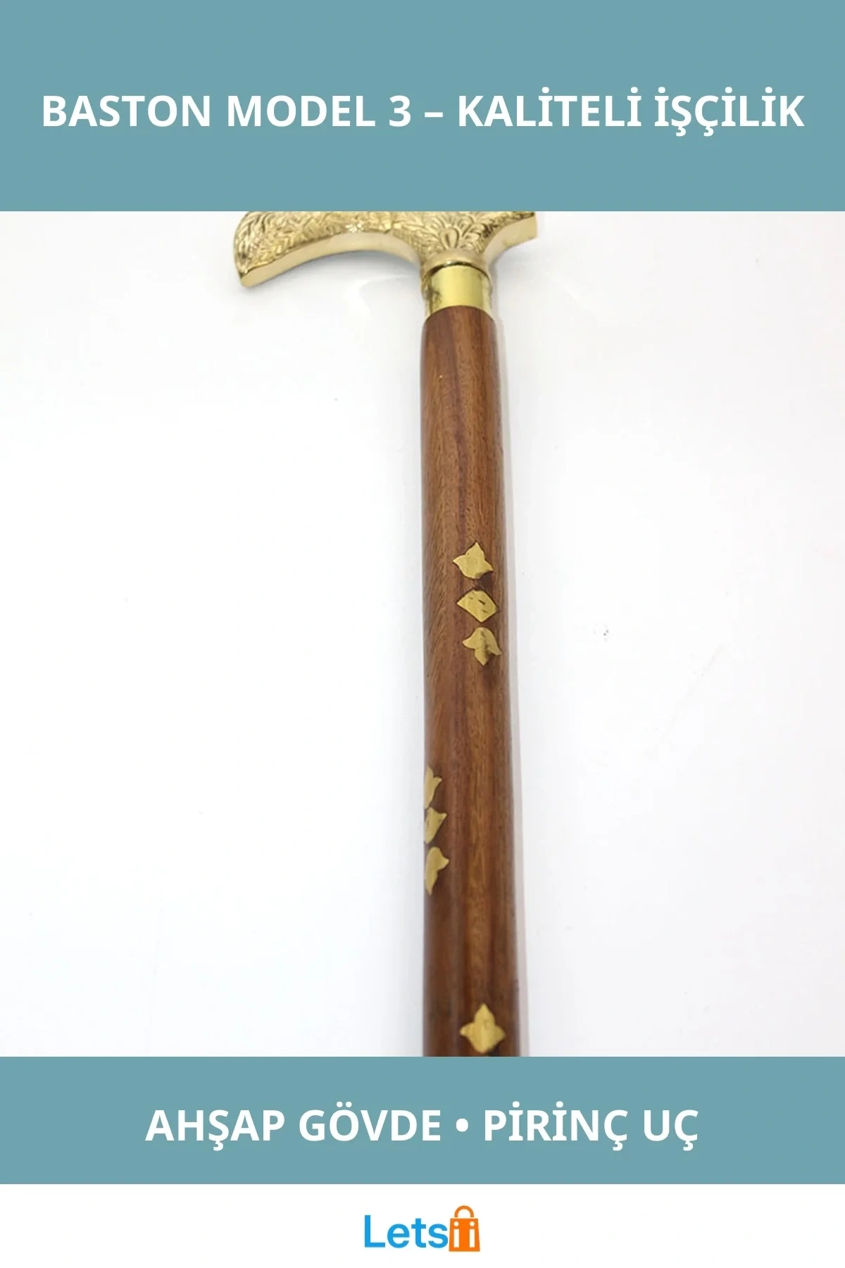 Şık Pirinç Detaylı Ahşap Baston Dayanıklı ve Estetik
