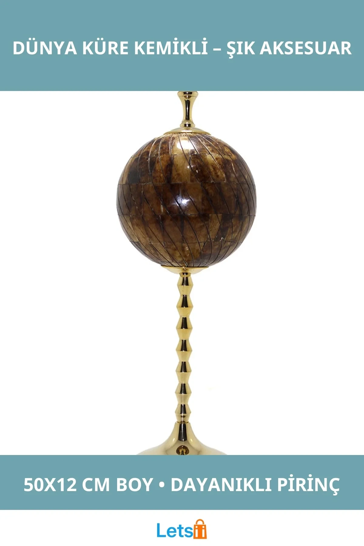 Şık Pirinç Dünya Küre Kemikli Dekoratif Aksesuar 50x12 cm