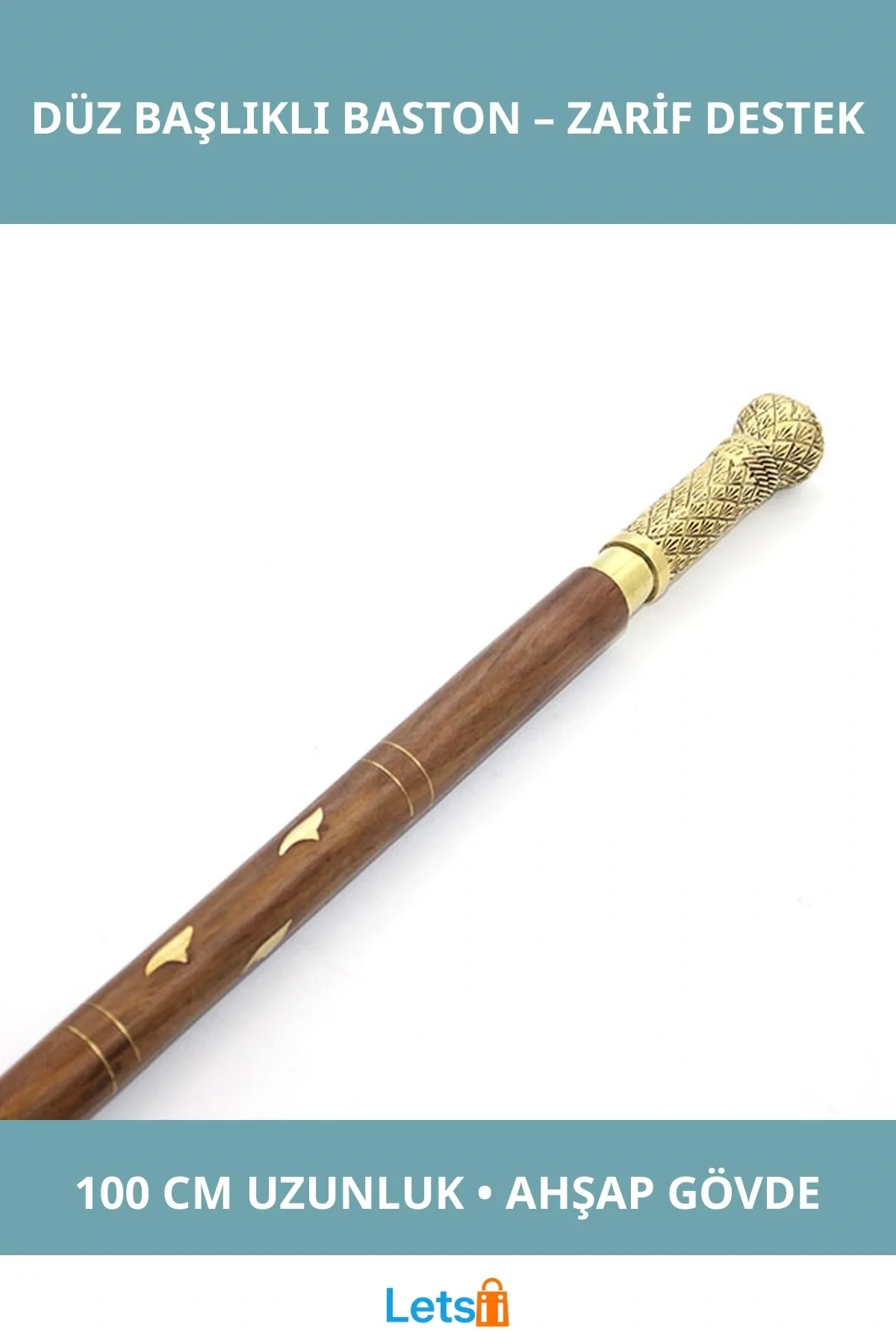 Şık Pirinç Düz Başlıklı Dayanıklı Ahşap Baston 100 cm