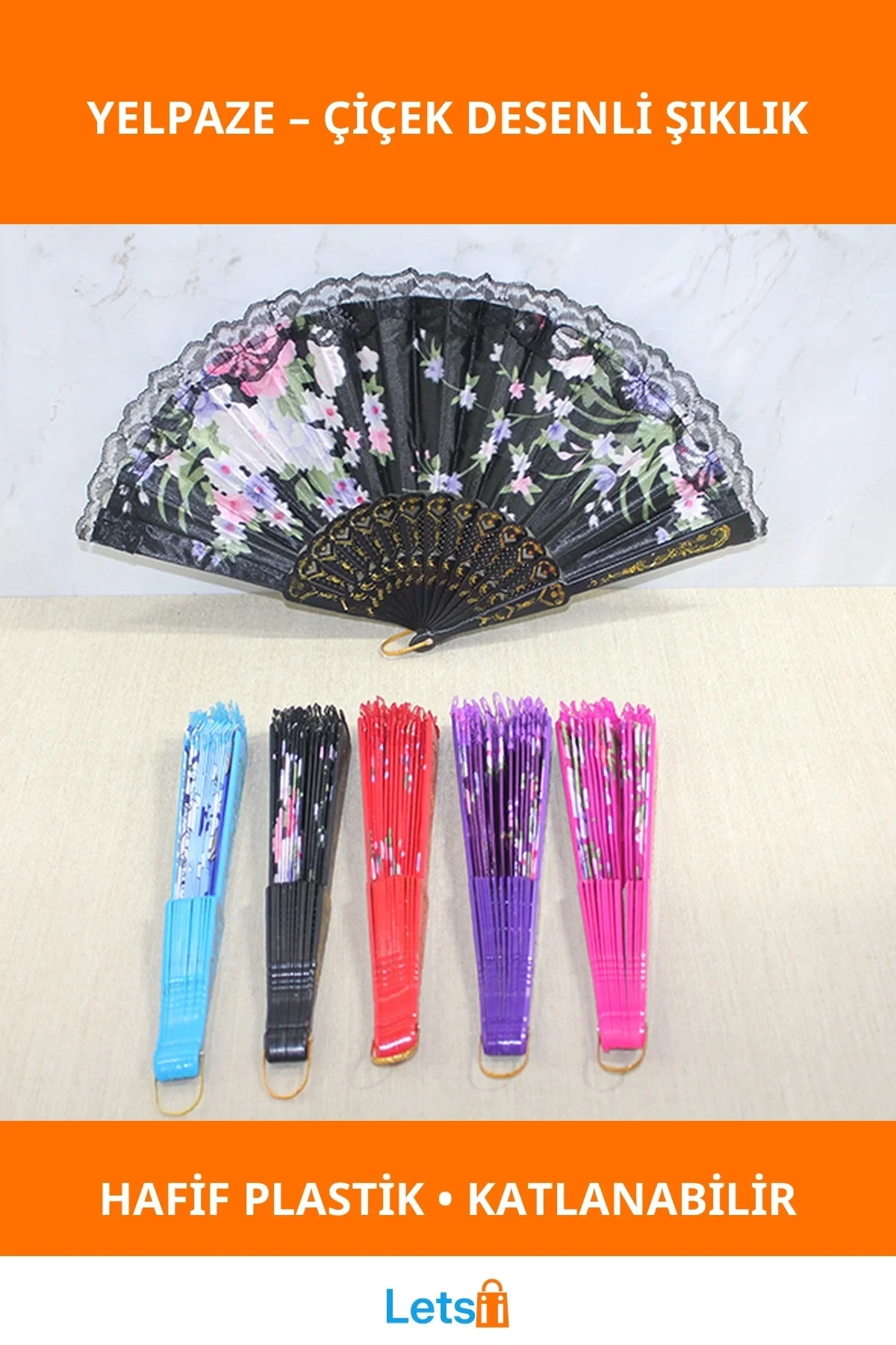 Şık Renkli Çiçek Desenli Katlanabilir Plastik Yelpaze