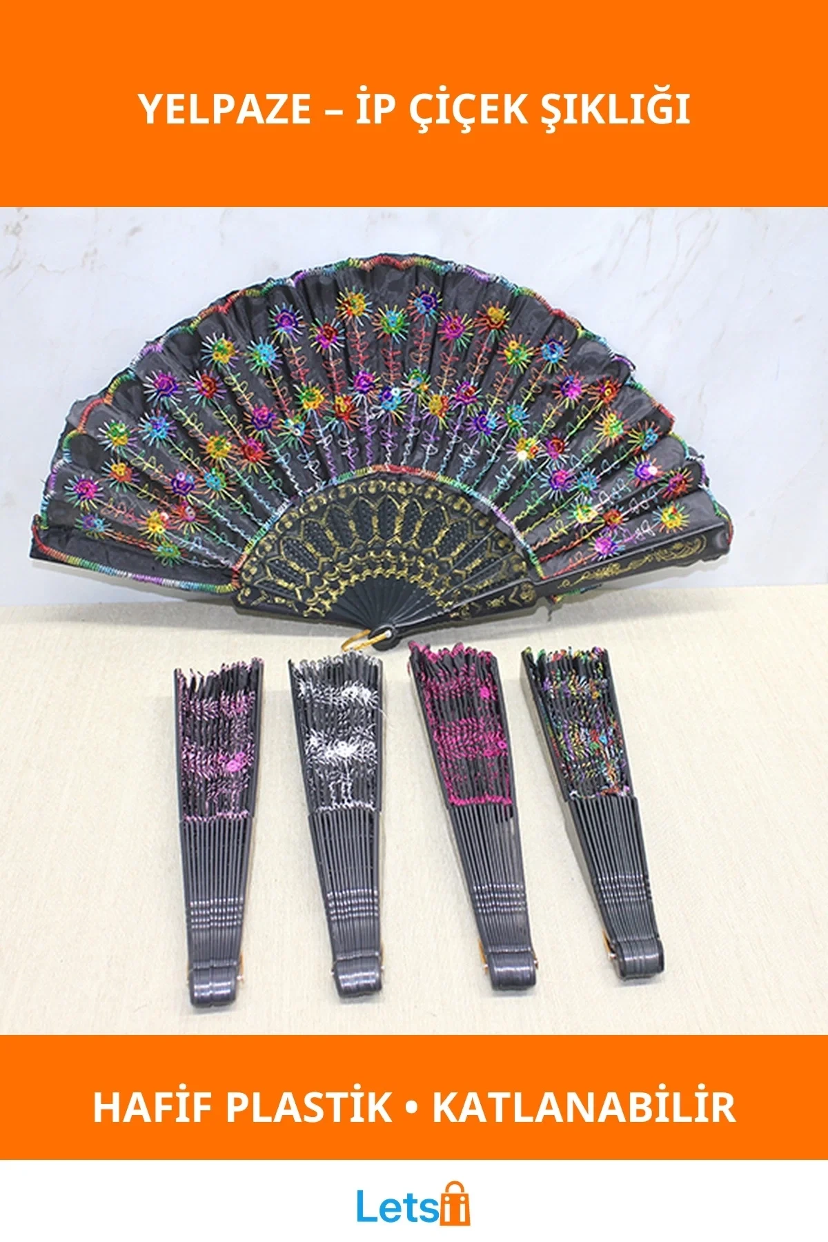 Şık Renkli İp Çiçek Detaylı Katlanabilir Plastik Yelpaze