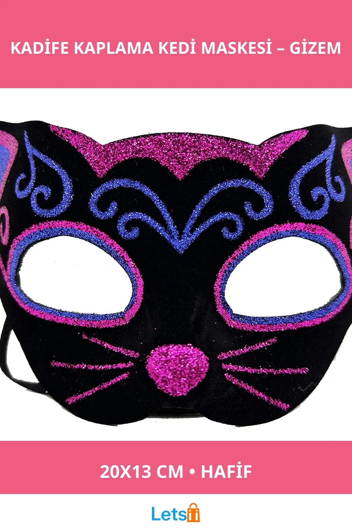 Şık Siyah Kadife Kaplama Kedi Maskesi Pembe Mavi Sim İşlemeli
