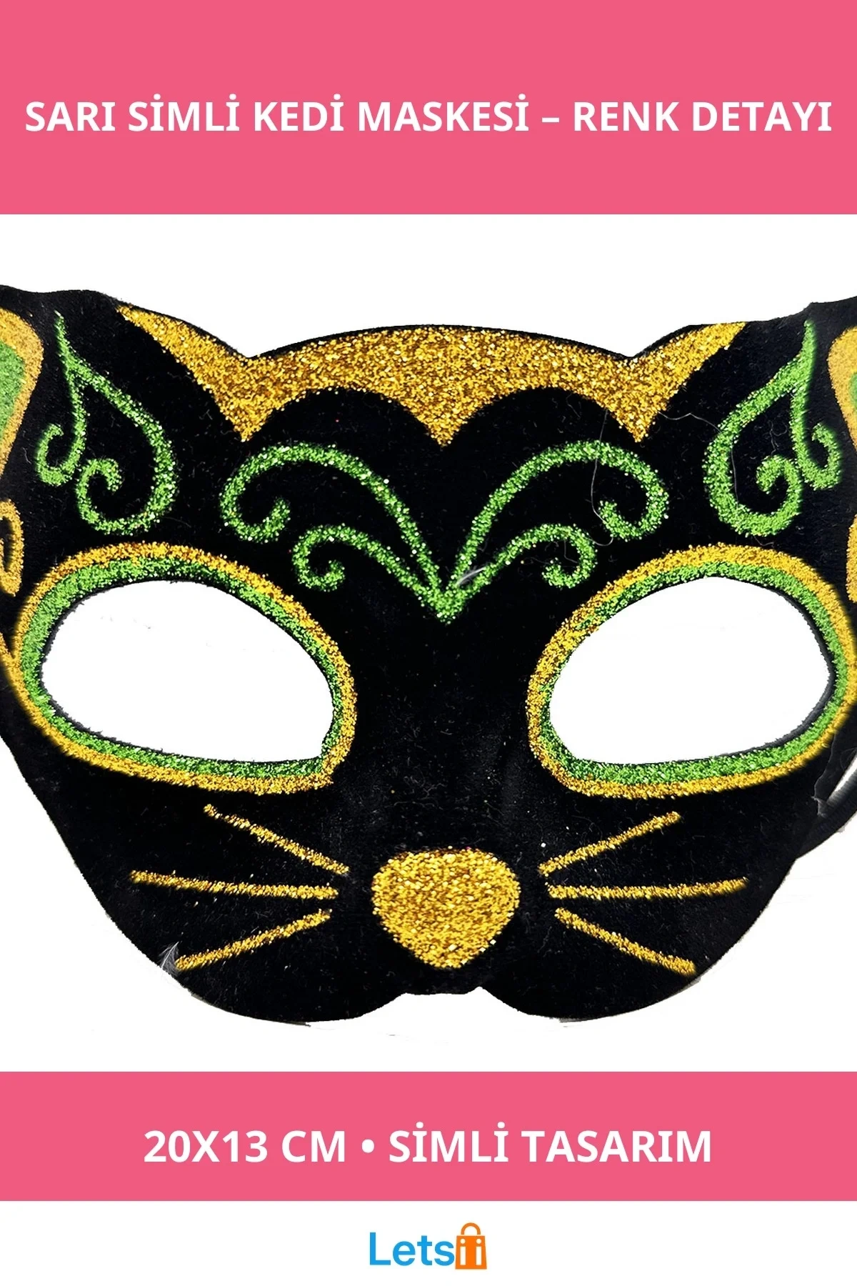 Şık Siyah Kadife Simli Kedi Maskesi Sarı & Yeşil Detaylarla