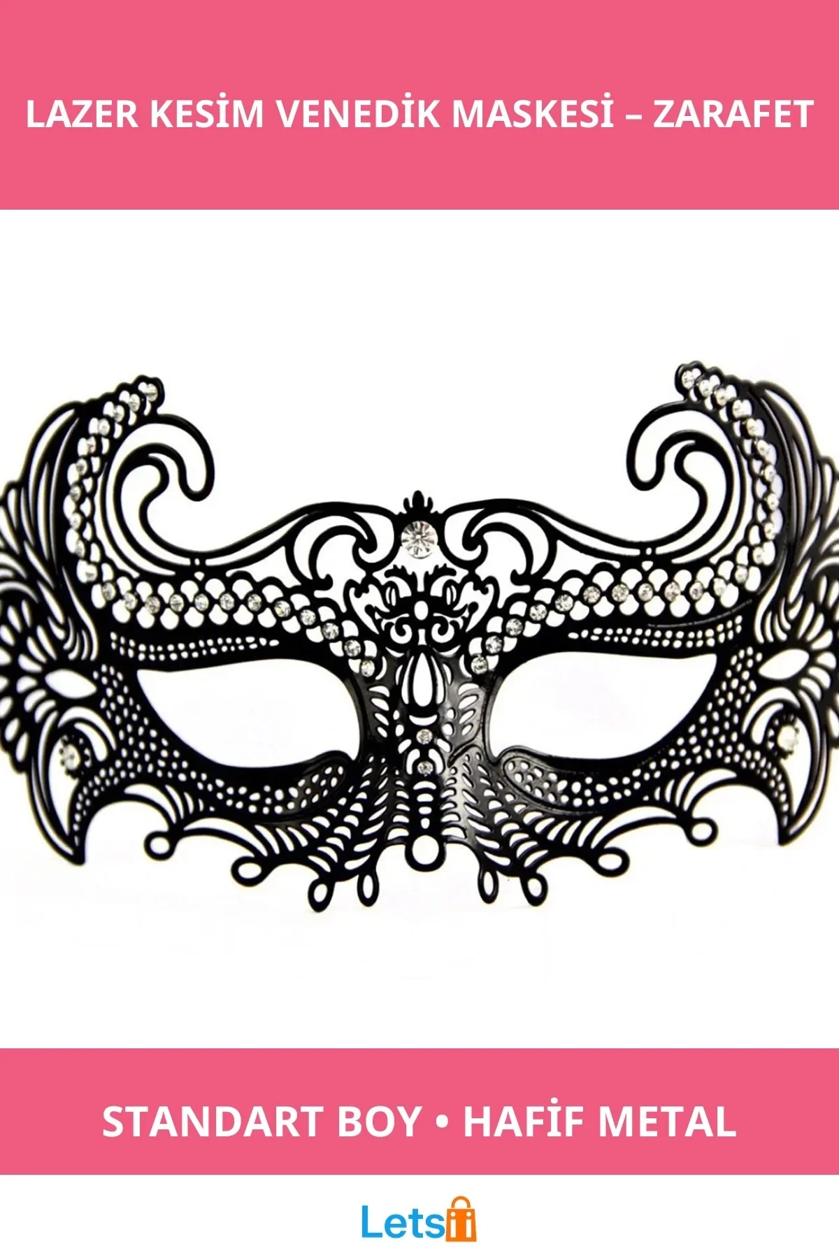 Şık Siyah Lazer Kesim Kristal Taşlı Metal Venedik Maskesi