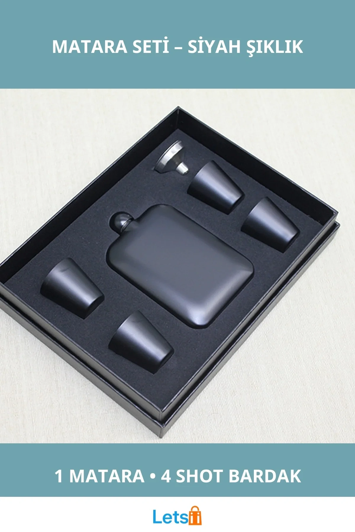 Şık Siyah Paslanmaz Çelik 4 Shot Bardaklı Matara