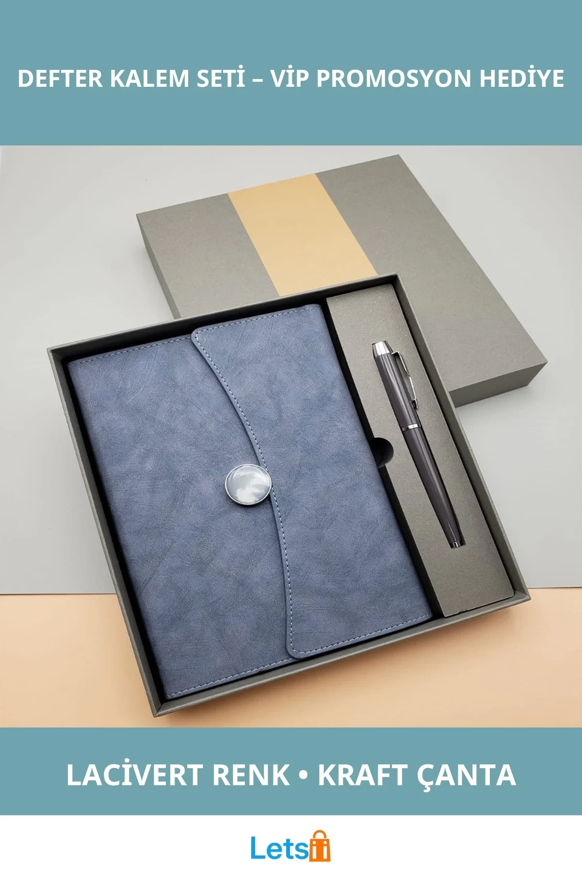 Şık Tasarımlı Kişiye Özel Mıknatıslı Defter Kalem Seti Lacivert Renk