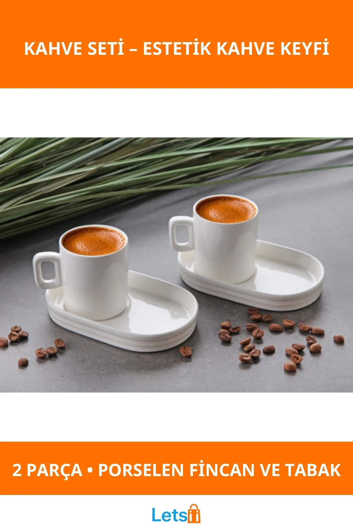 Şık Tasarımlı Yüksek Kalite Porselen 2 Adet Kahve Fincanı ve Oval Tabak Seti