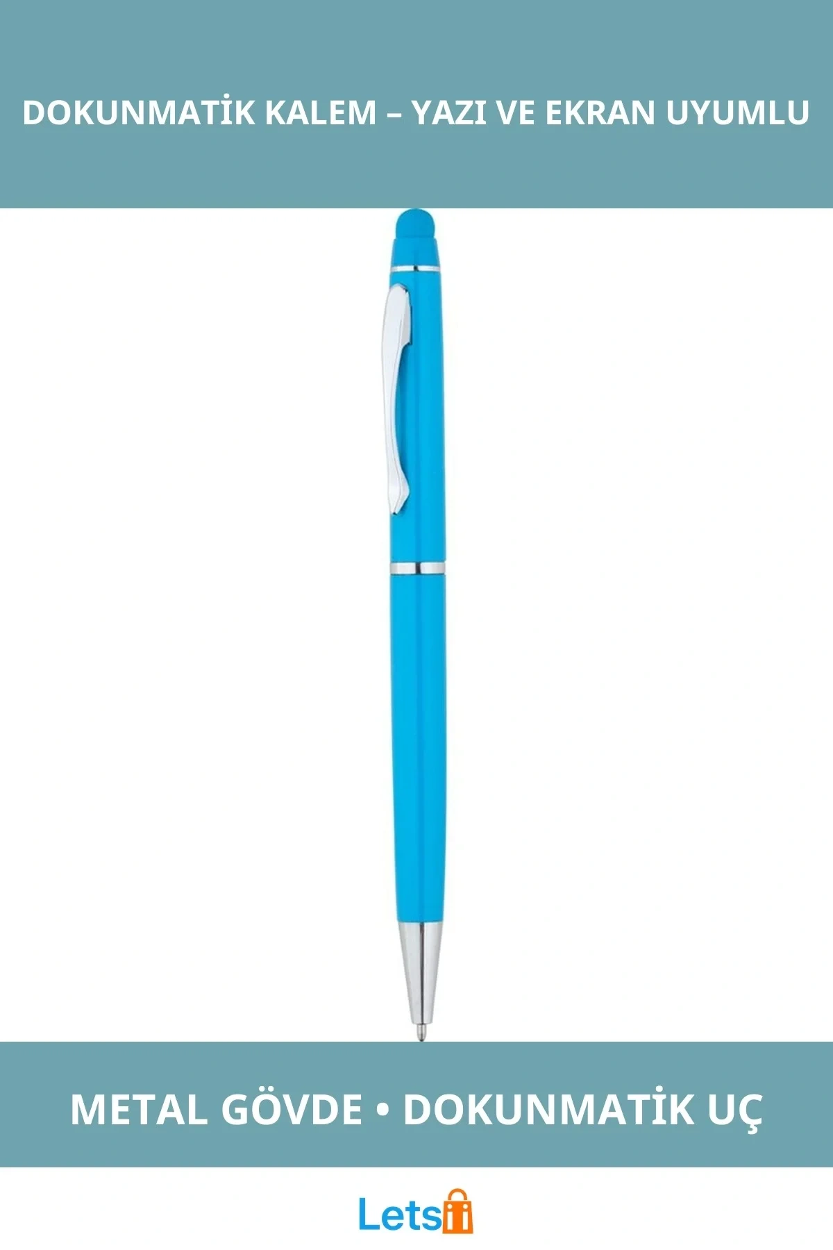 Şık Turkuaz Metal Dokunmatik Kalem 14 cm