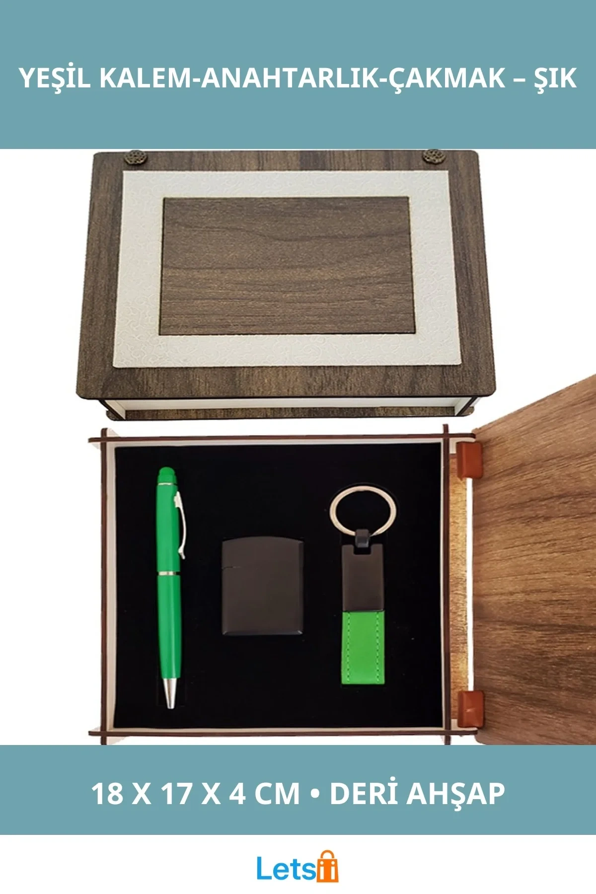 Şık Yeşil Ahşap Kutulu Kalem Anahtarlık ve Çakmak Seti