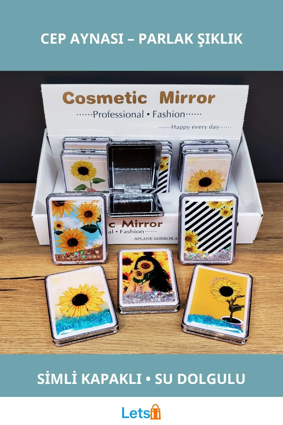 Simli Kapaklı Cep Aynası 8.5 cm x 6 cm