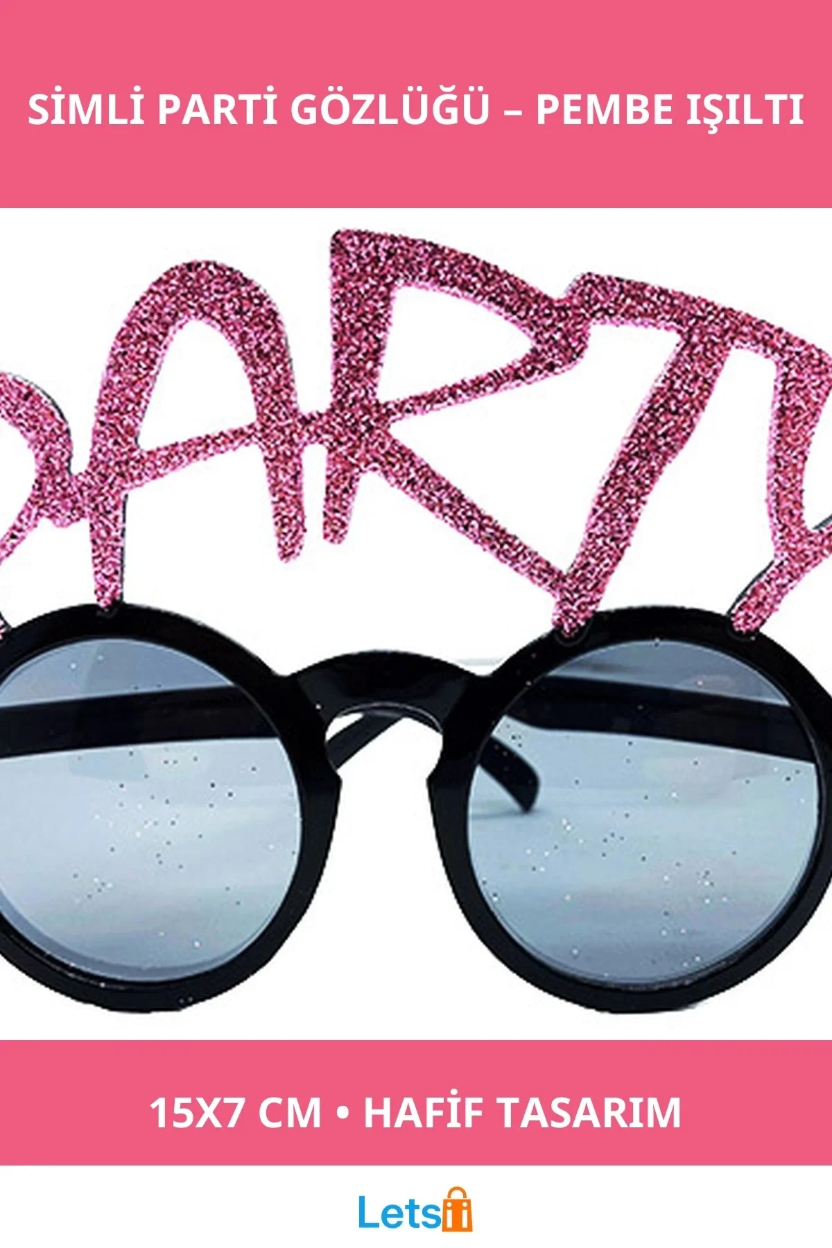 Simli Pembe Renk Parti Gözlüğü 15x7 cm