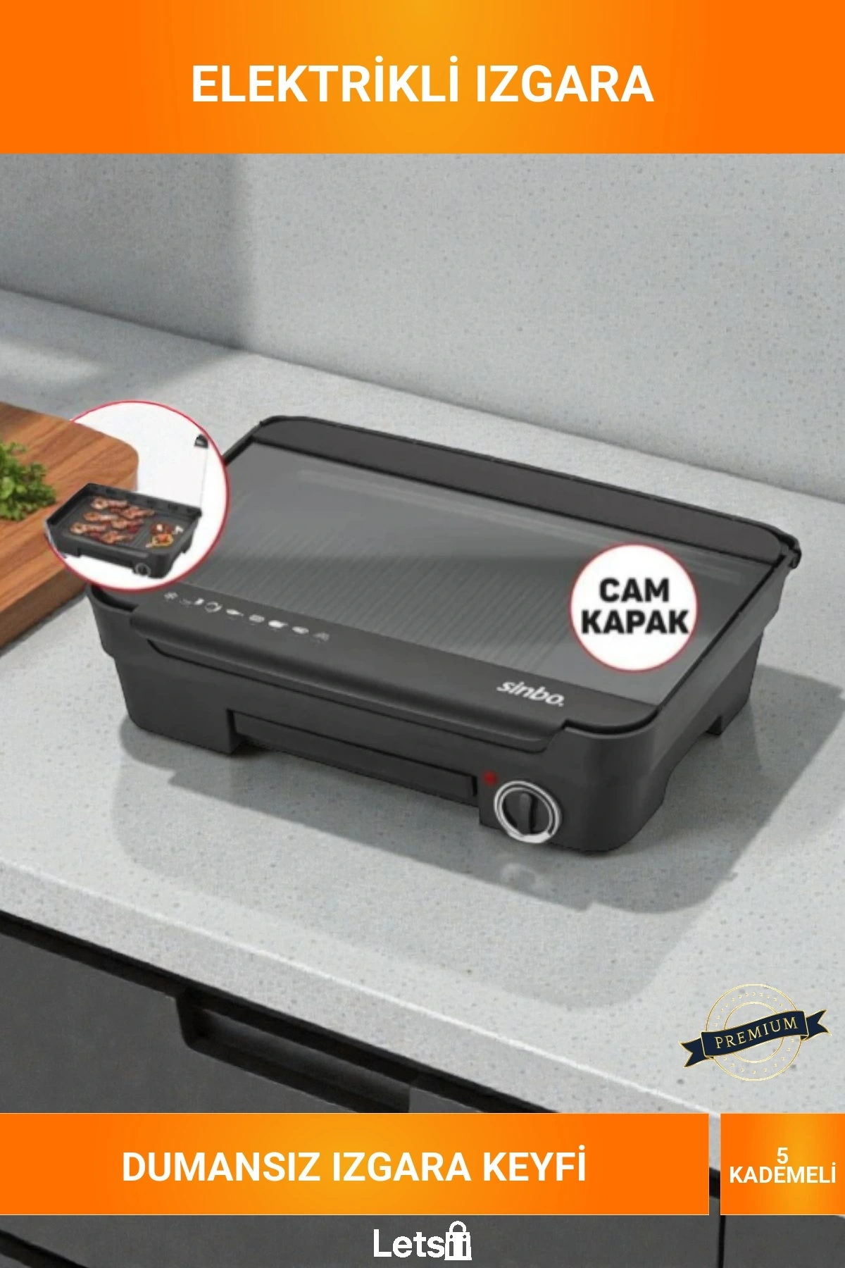 Sinbo Cam Kapaklı Elektrikli Izgara 5 Kademeli Termostat Ayarlı Dumansız Kokusuz Ocak