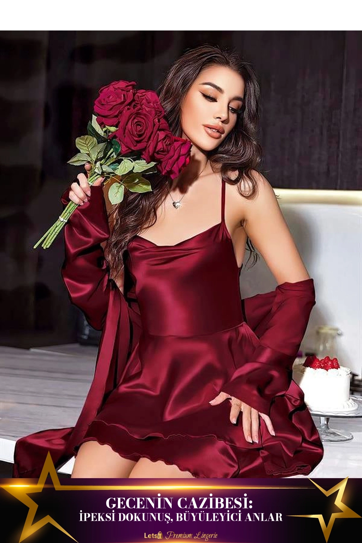 Sırt Dekolteli Sabahlıklı 2Li Saten Gecelik Takımı Bordo Renk