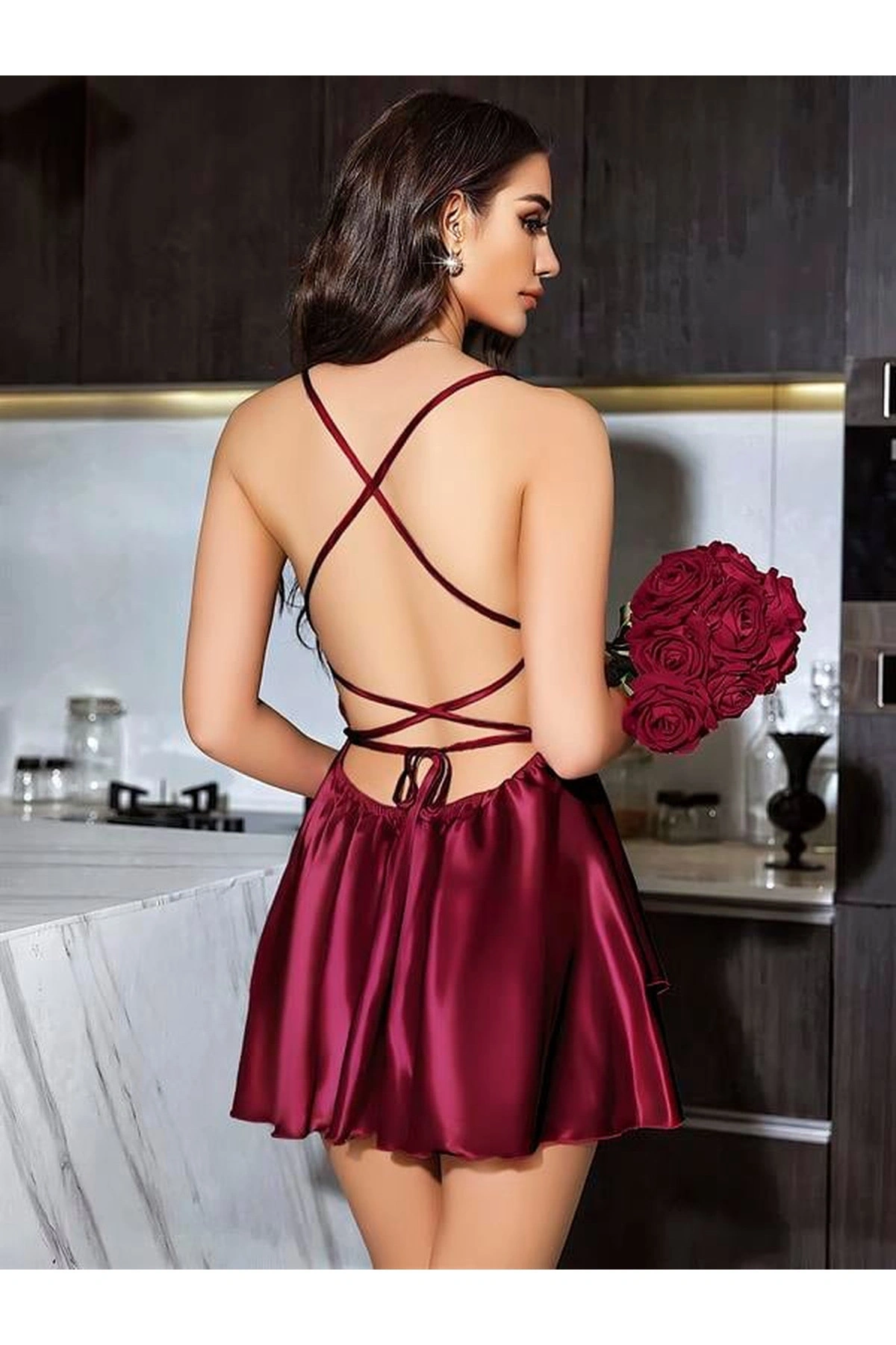 Sırt Dekolteli Sabahlıklı 2Li Saten Gecelik Takımı Bordo Renk