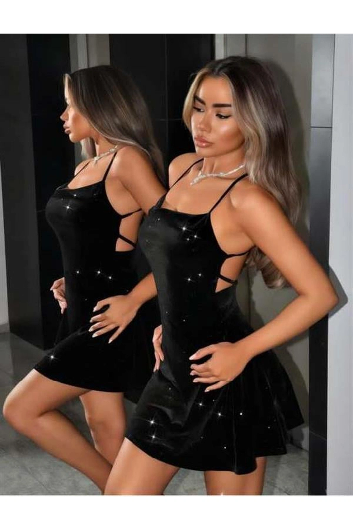 Sırt Dekolteli Simli Mini Fantezi Elbise Siyah Renk