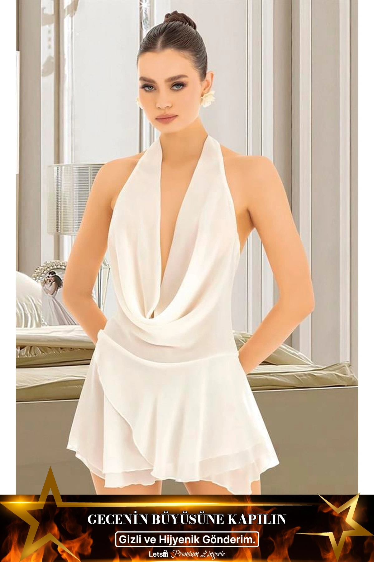 Sırt Ve Göğüs Dekolteli Fantezi Mini Elbise Beyaz Renk