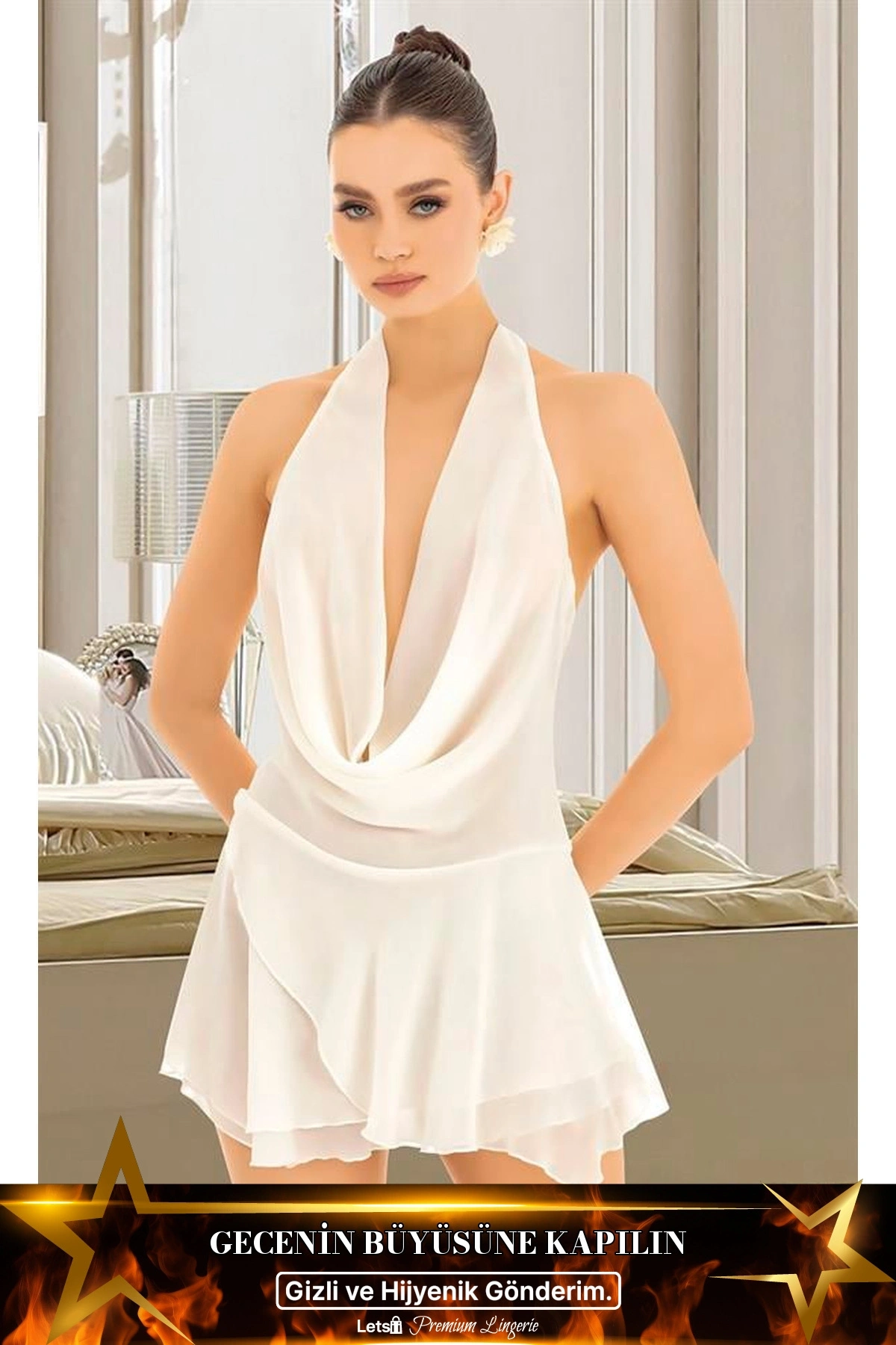 Sırt Ve Göğüs Dekolteli Fantezi Mini Elbise Beyaz Renk