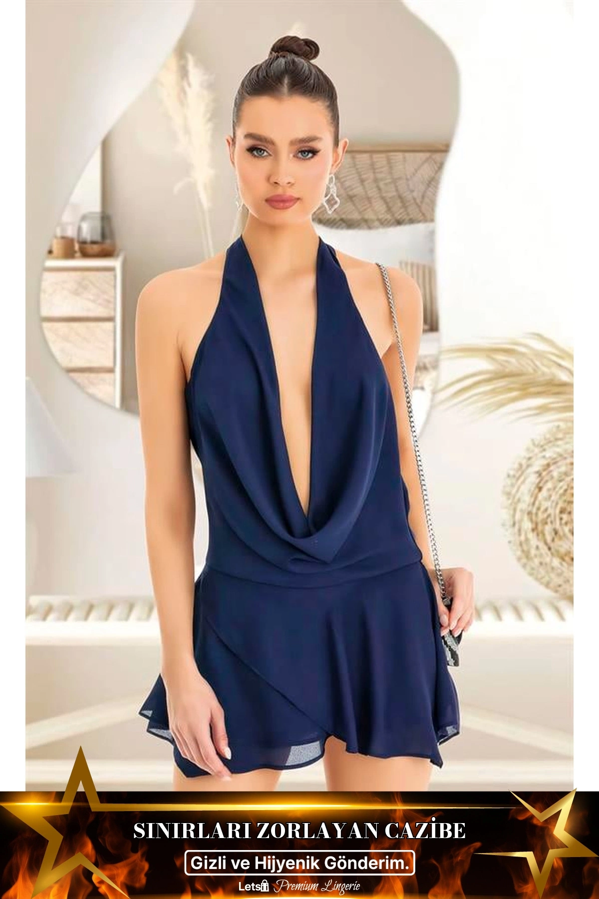 Sırt Ve Göğüs Dekolteli Fantezi Mini Elbise Lacivert Renk