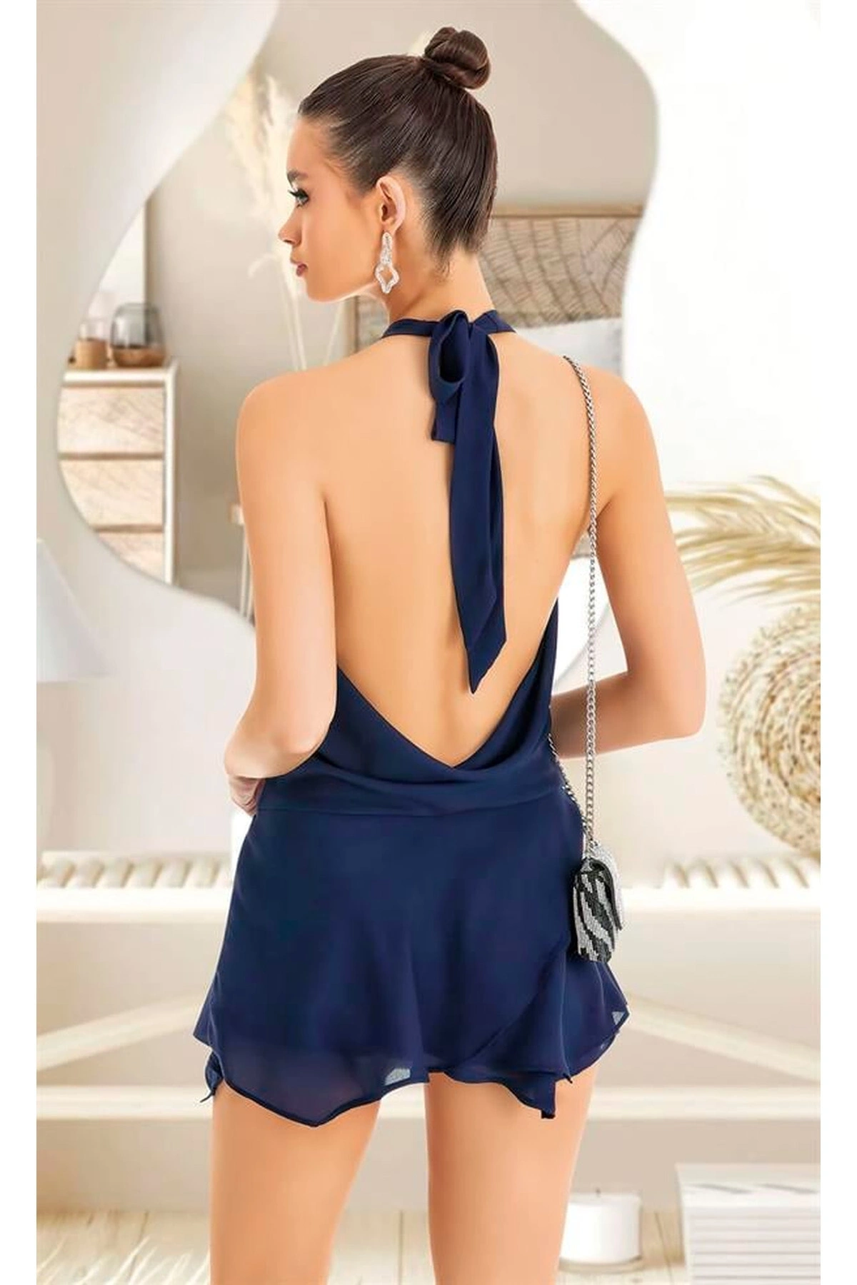 Sırt Ve Göğüs Dekolteli Fantezi Mini Elbise Lacivert Renk