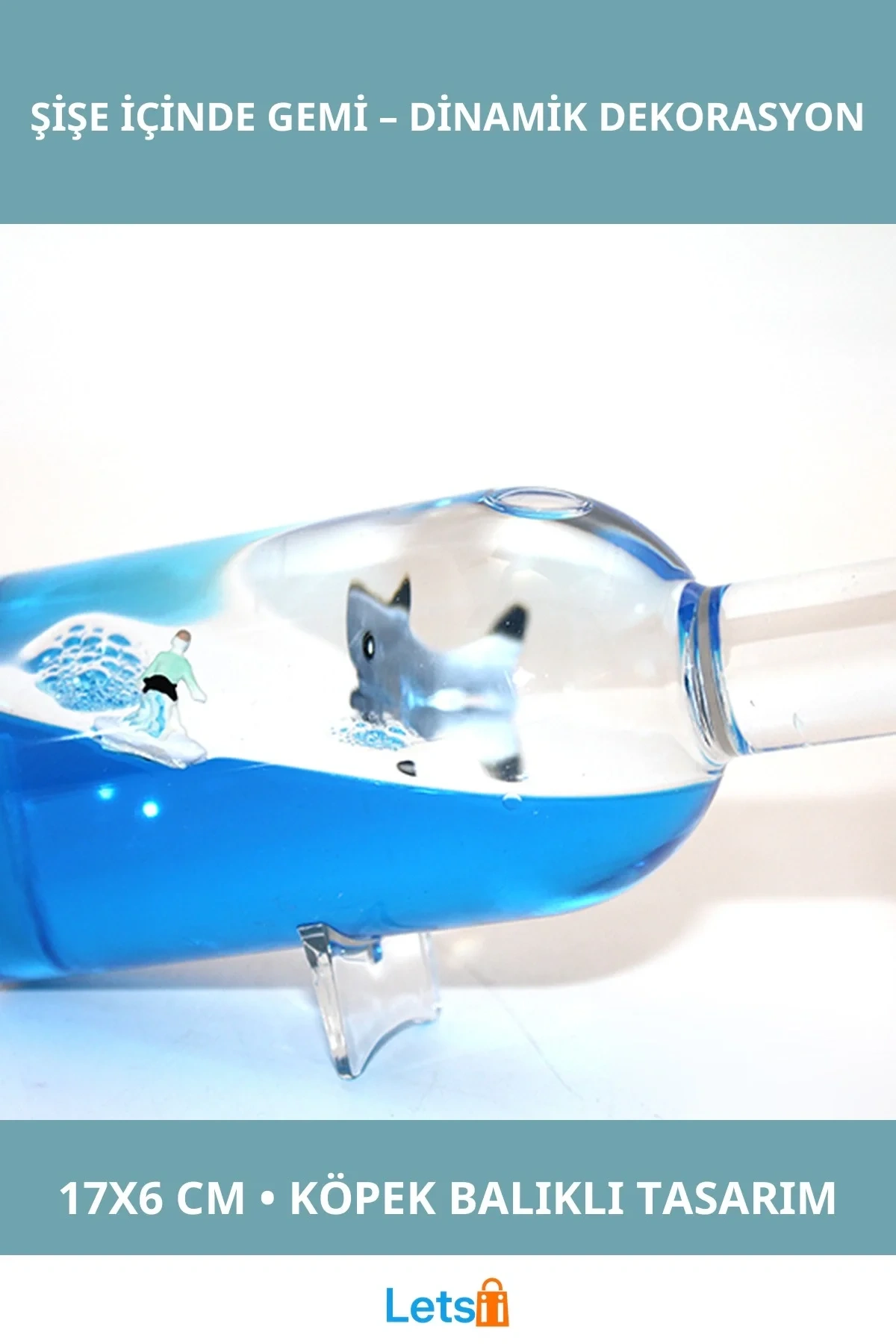 Şişe İçinde Batmayan Gemi Sörfçü ve Köpek Balığı Tasarımı Süslü Dekoratif Model