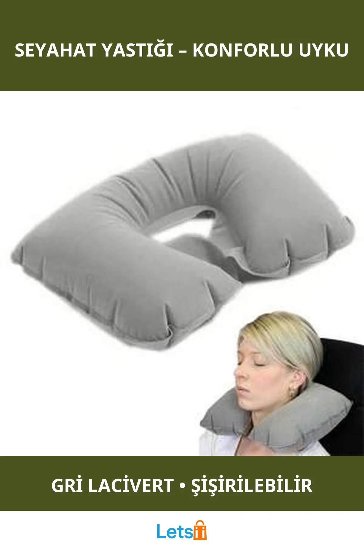 Şişme Seyahat Yastığı Gri Lacivert Konforlu Uçuş Yastığı
