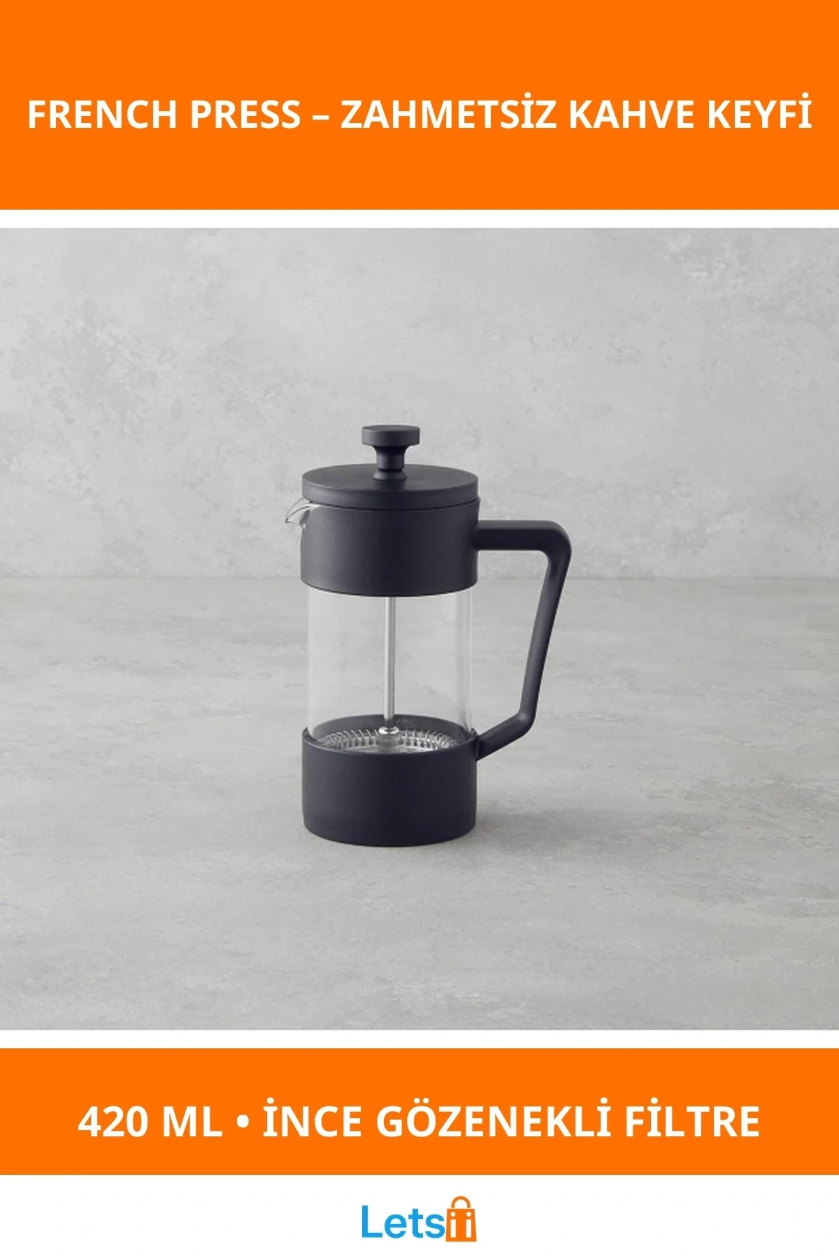 Siyah 420 ml Kapasiteli Estetik French Press